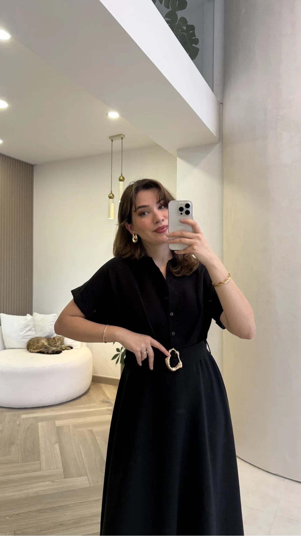 Kemer Detay Düğmeli Kısa Kol Elbise - Siyah - Kod: 2376