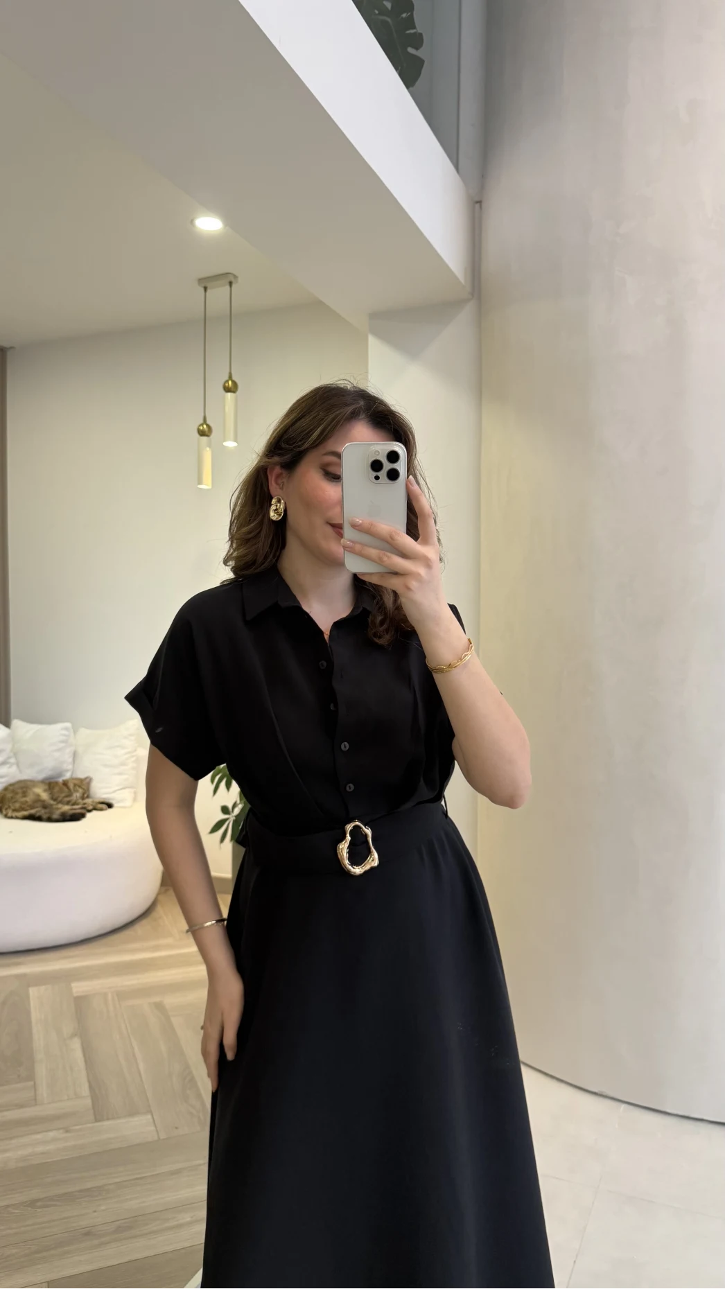 Kemer Detay Düğmeli Kısa Kol Elbise - Siyah - Kod: 2376