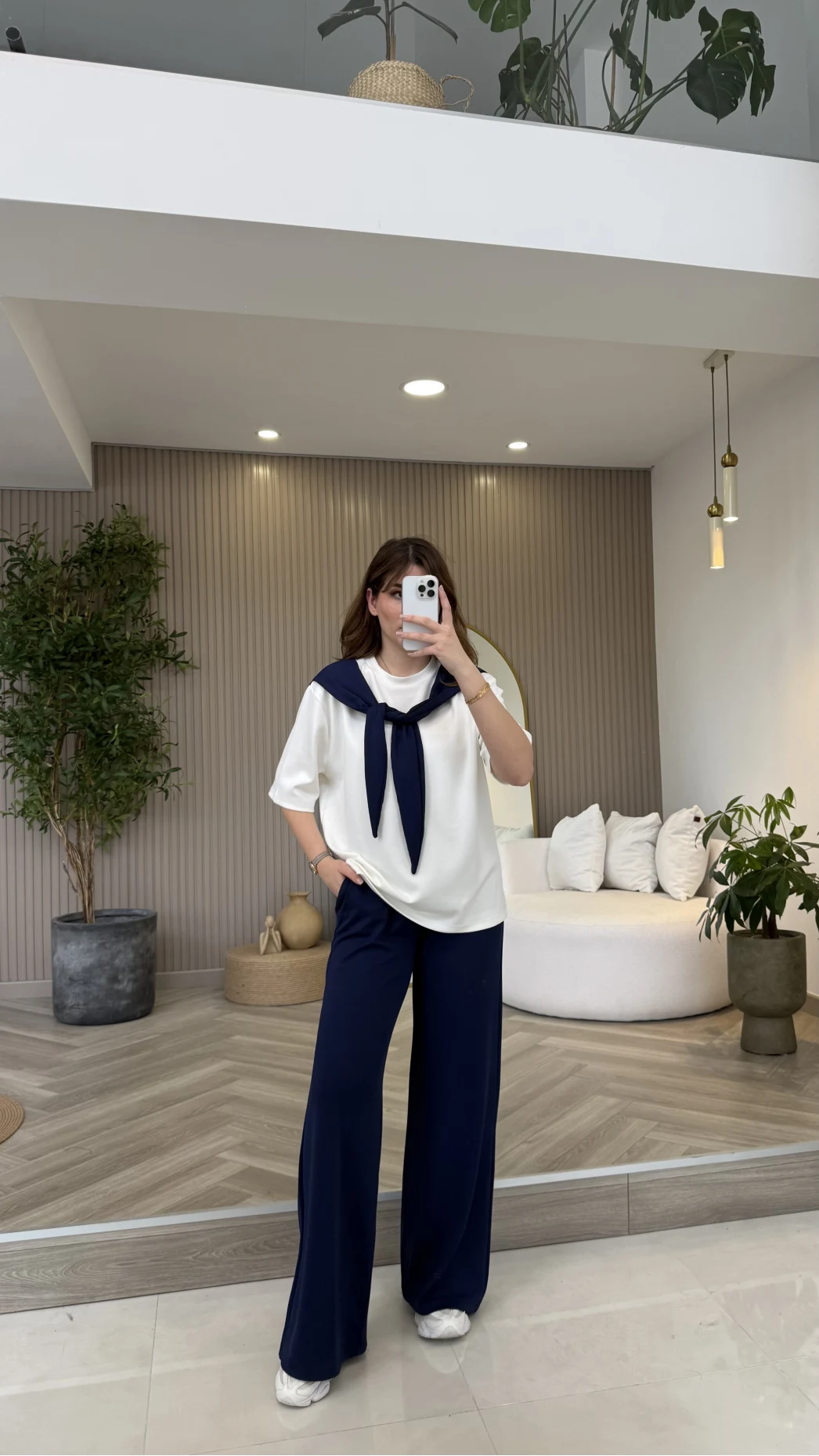 Fular Detaylı Modal T-shirt Eşofman Takım - Lacivert - Kod: 4116