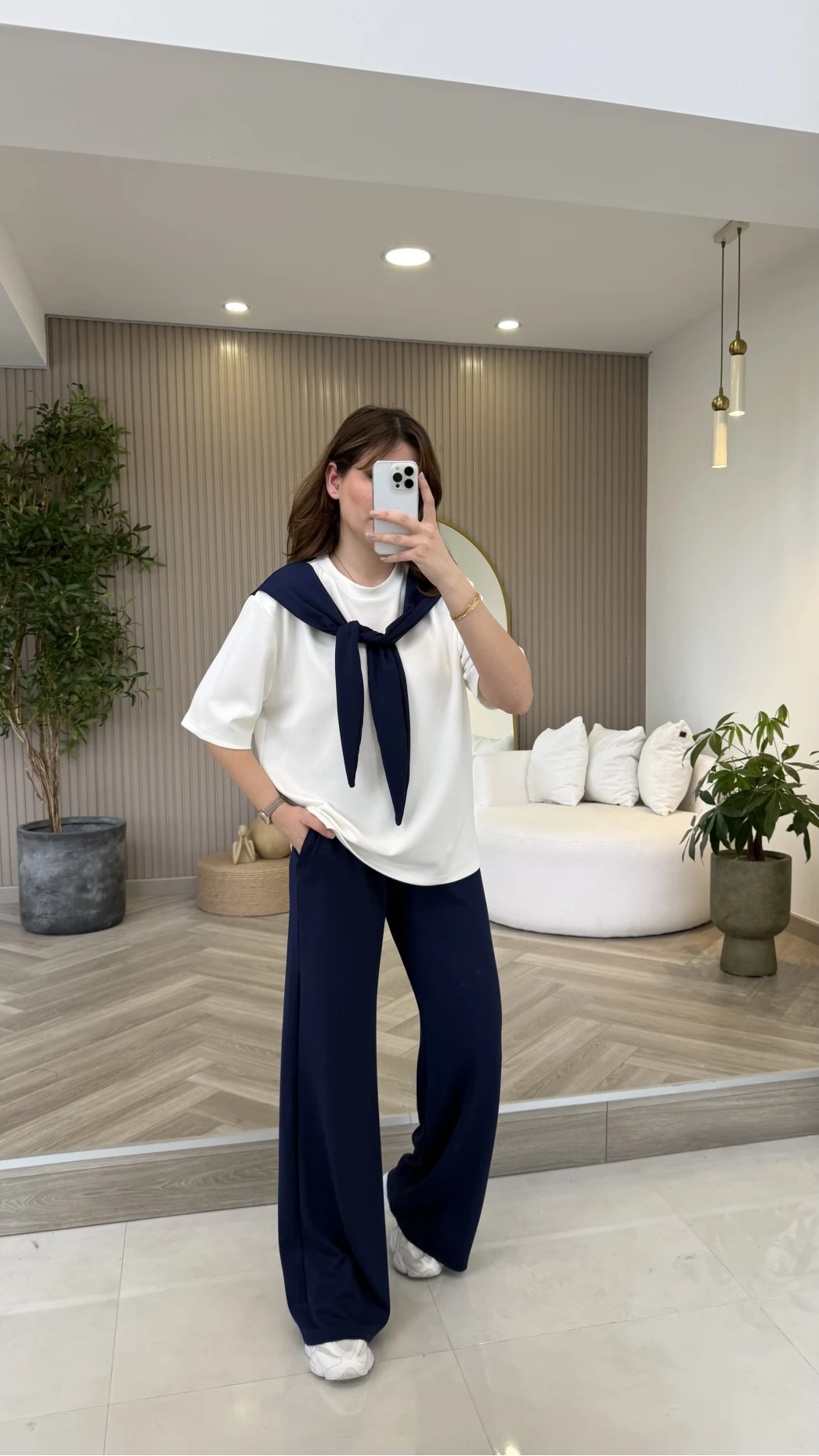 Fular Detaylı Modal T-shirt Eşofman Takım - Lacivert - Kod: 4116