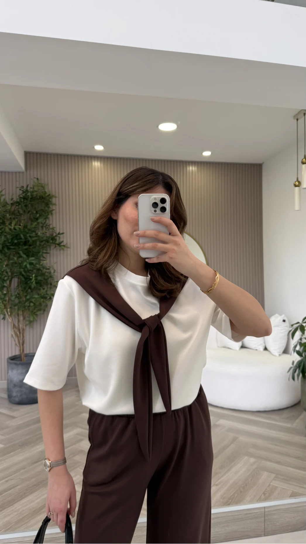 Fular Detaylı Modal T-shirt Eşofman Takım - Kahverengi - Kod: 4116