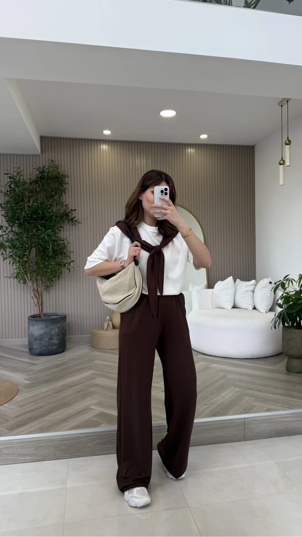 Fular Detaylı Modal T-shirt Eşofman Takım - Kahverengi - Kod: 4116