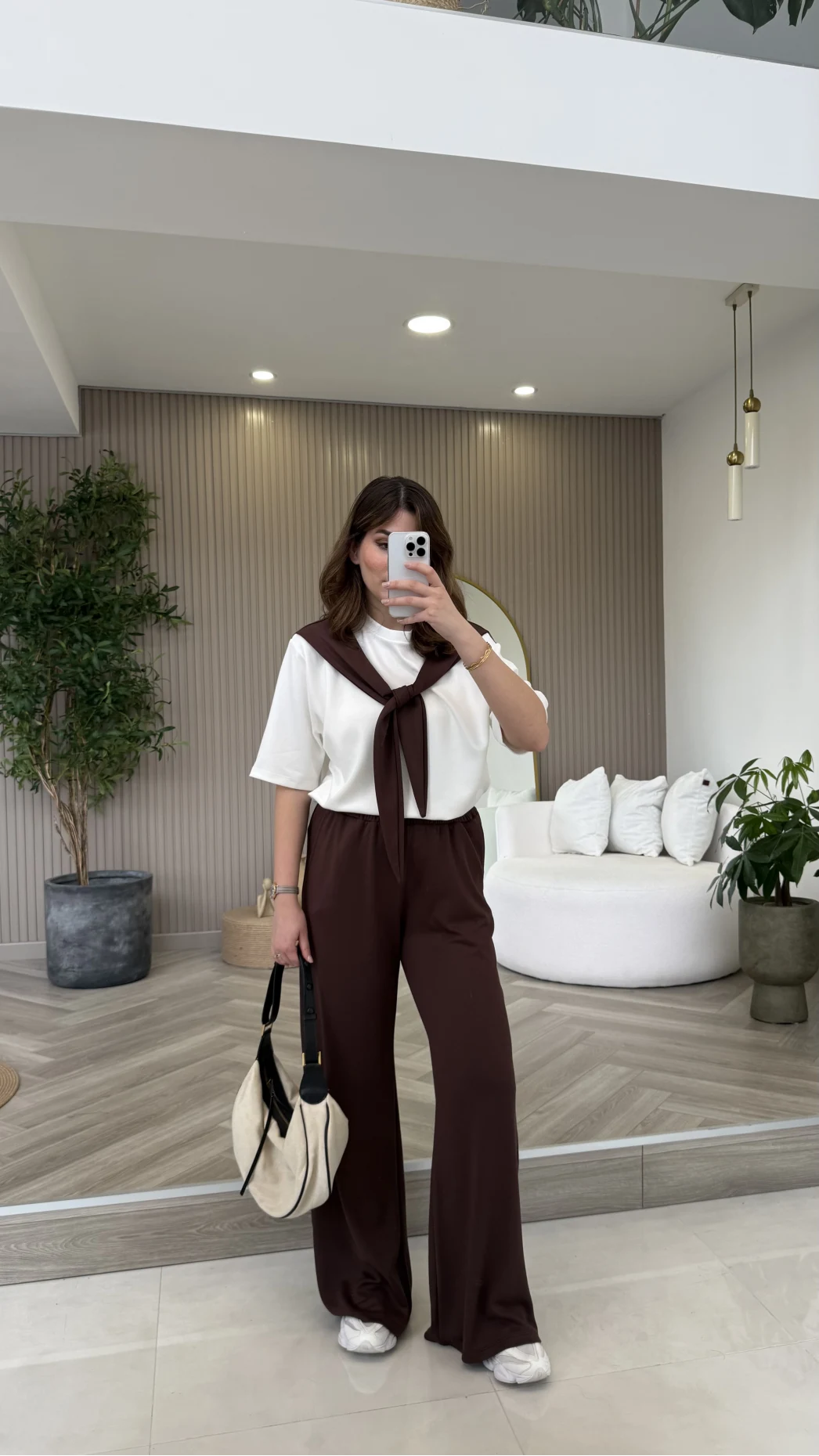 Fular Detaylı Modal T-shirt Eşofman Takım - Kahverengi - Kod: 4116