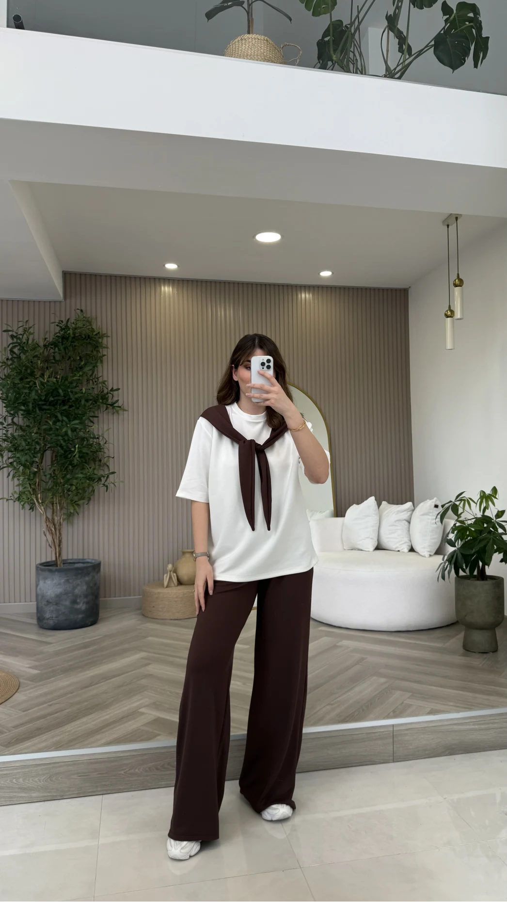 Fular Detaylı Modal T-shirt Eşofman Takım - Kahverengi - Kod: 4116