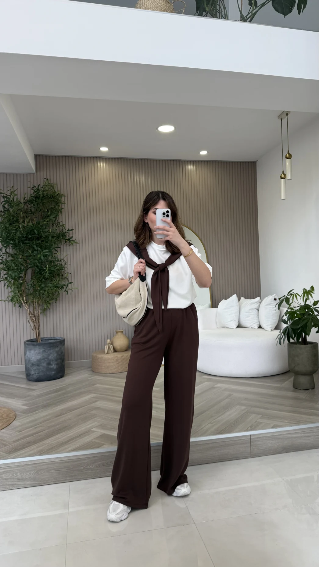 Fular Detaylı Modal T-shirt Eşofman Takım - Kahverengi - Kod: 4116