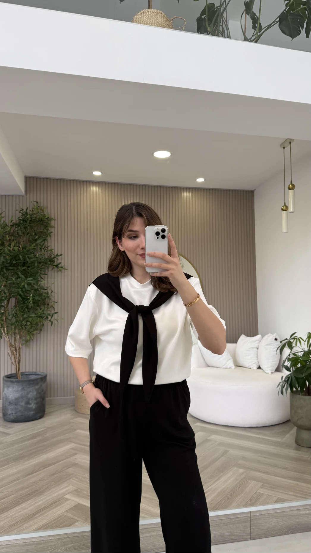 Fular Detaylı Modal T-shirt Eşofman Takım - Siyah - Kod: 4116