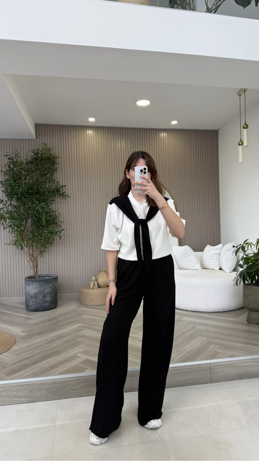 Fular Detaylı Modal T-shirt Eşofman Takım - Siyah - Kod: 4116