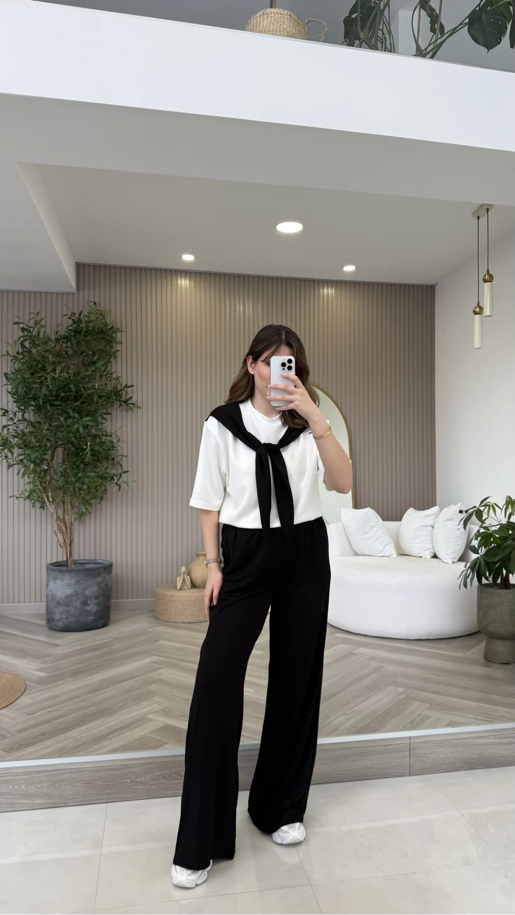 Fular Detaylı Modal T-shirt Eşofman Takım - Siyah - Kod: 4116