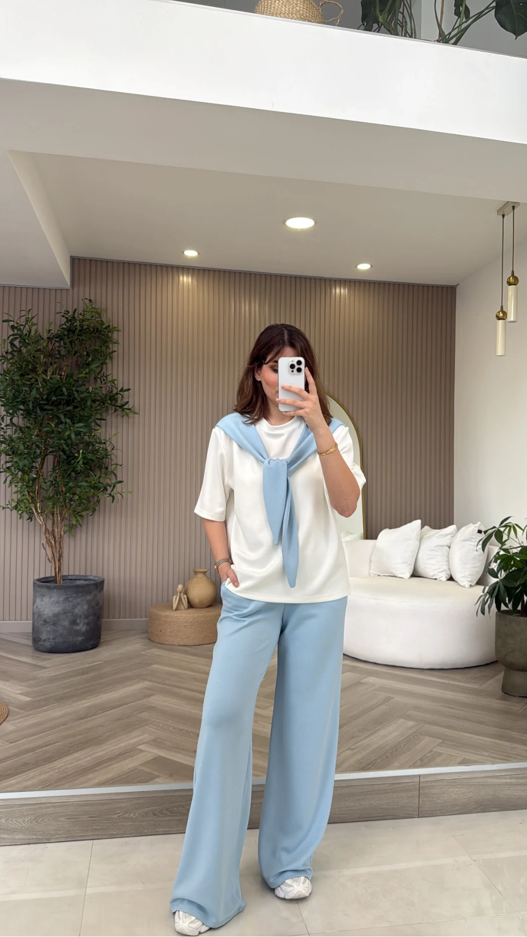 Fular Detaylı Modal T-shirt Eşofman Takım - Mavi - Kod: 4116