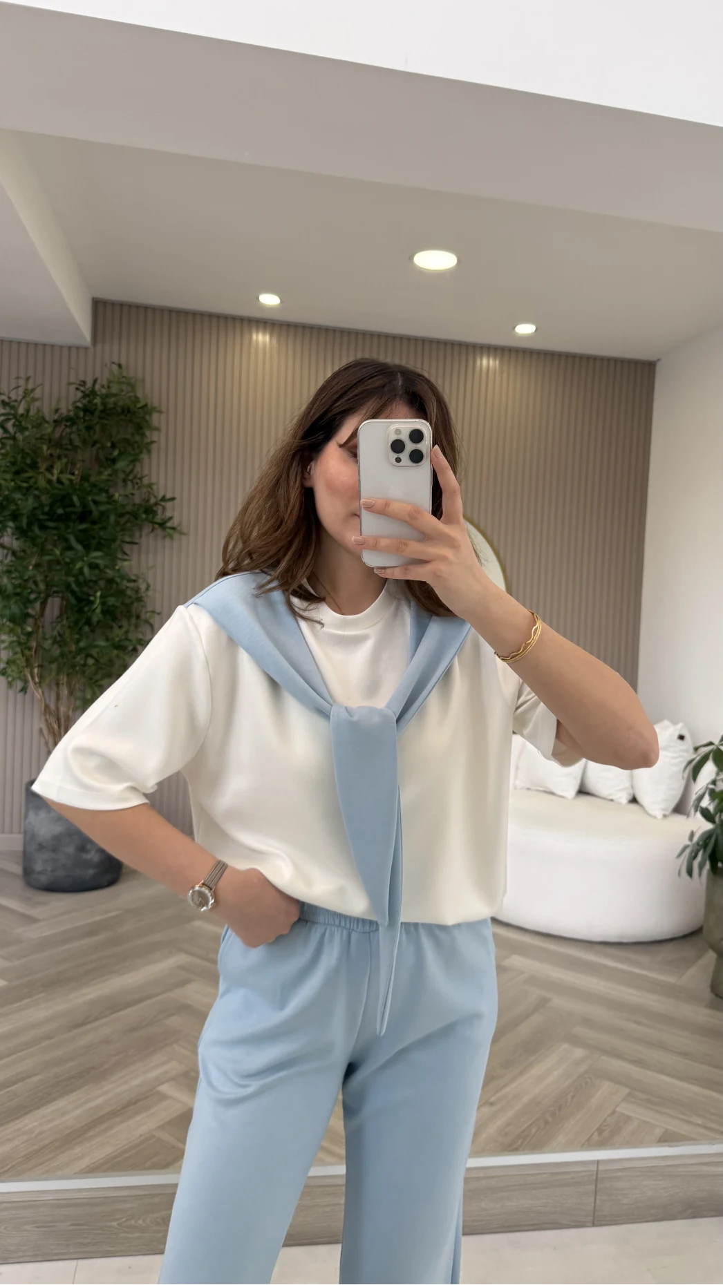 Fular Detaylı Modal T-shirt Eşofman Takım - Mavi - Kod: 4116