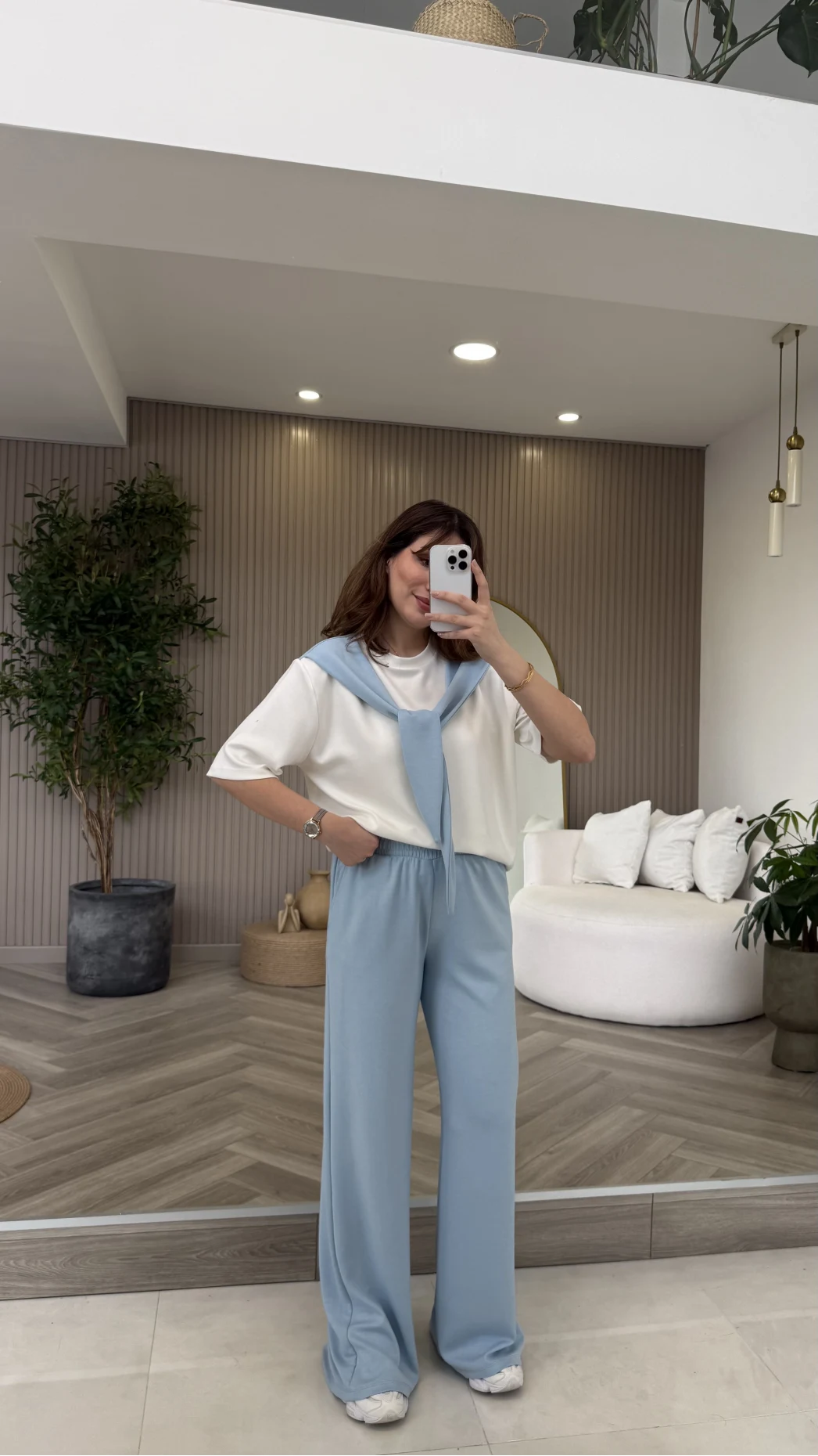 Fular Detaylı Modal T-shirt Eşofman Takım - Mavi - Kod: 4116