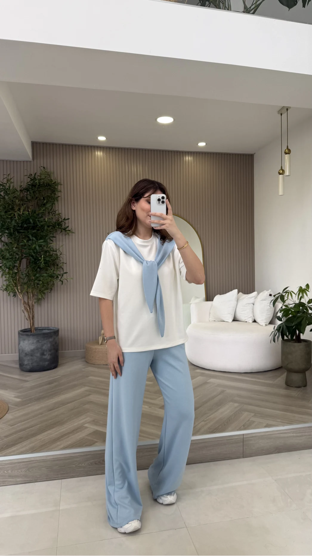 Fular Detaylı Modal T-shirt Eşofman Takım - Mavi - Kod: 4116