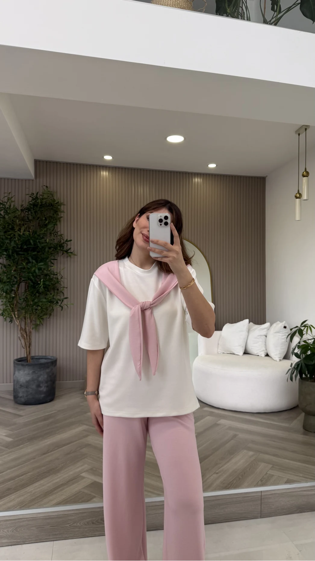 Fular Detaylı Modal T-shirt Eşofman Takım - Pembe - Kod: 4116