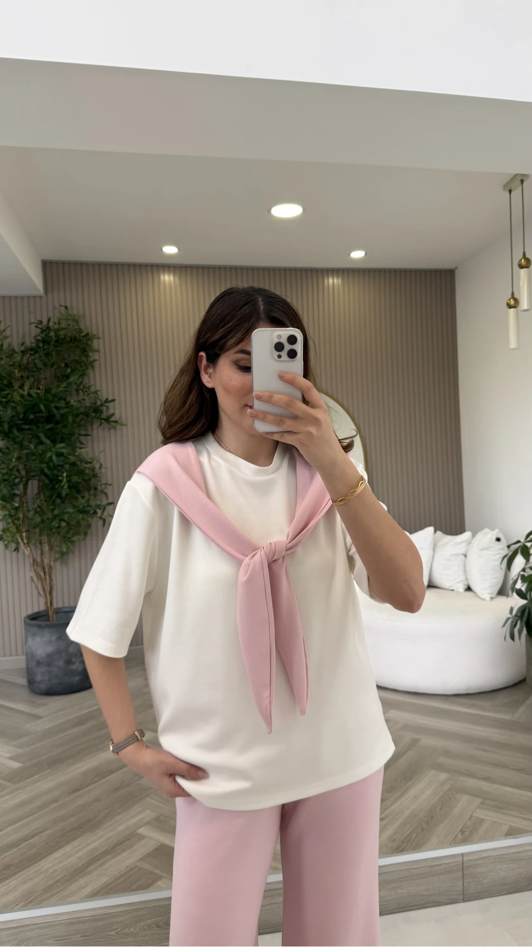 Fular Detaylı Modal T-shirt Eşofman Takım - Pembe - Kod: 4116