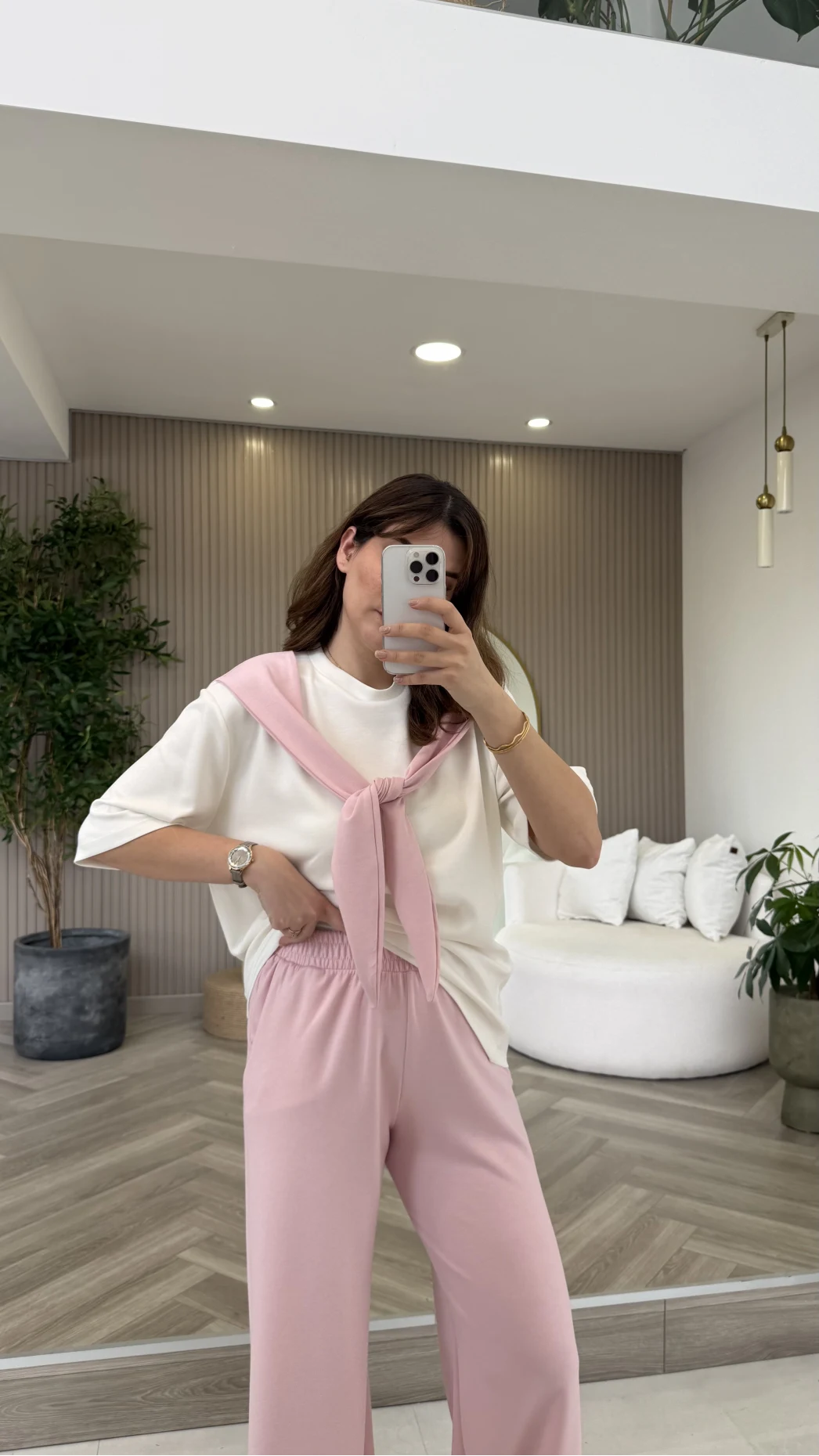 Fular Detaylı Modal T-shirt Eşofman Takım - Pembe - Kod: 4116