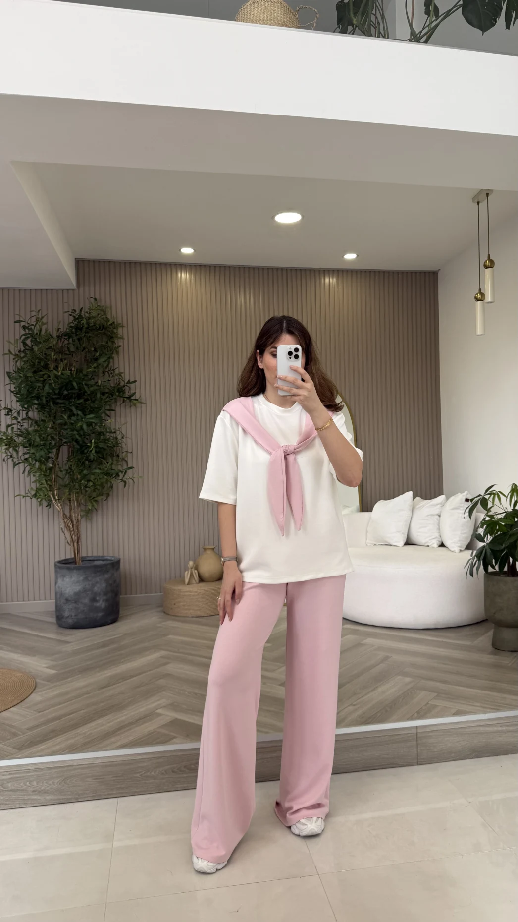 Fular Detaylı Modal T-shirt Eşofman Takım - Pembe - Kod: 4116