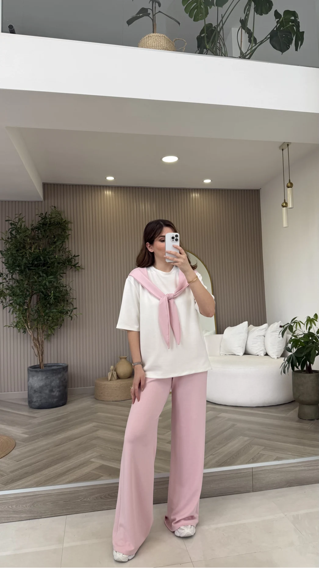 Fular Detaylı Modal T-shirt Eşofman Takım - Pembe - Kod: 4116