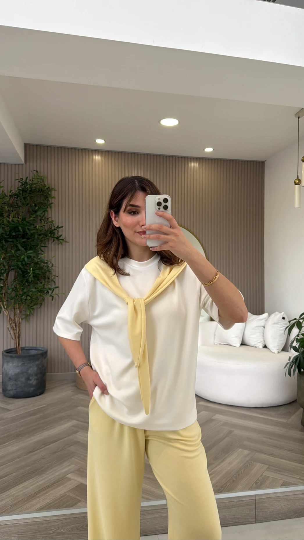 Fular Detaylı Modal T-shirt Eşofman Takım - Sarı - Kod: 4116