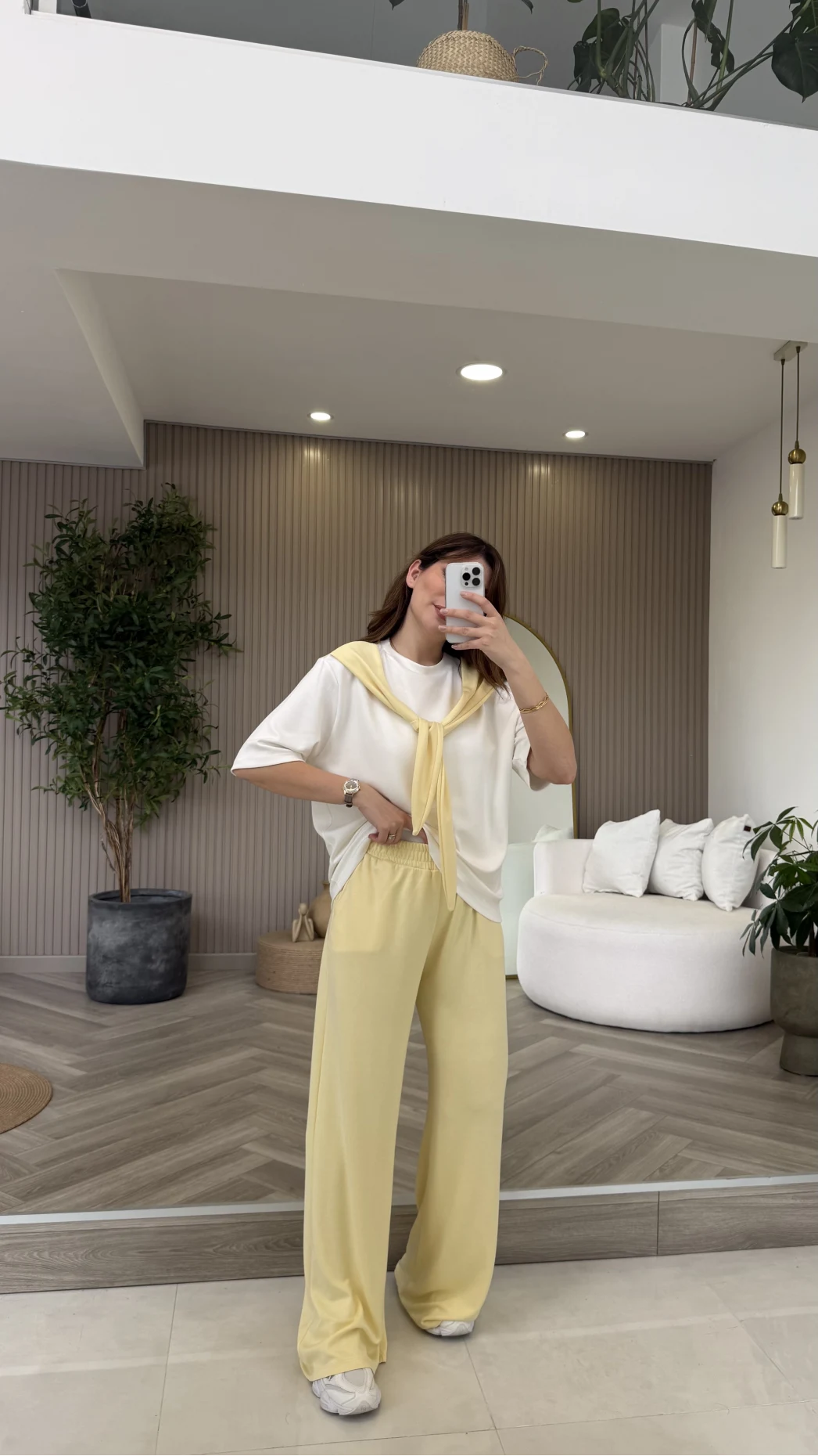 Fular Detaylı Modal T-shirt Eşofman Takım - Sarı - Kod: 4116