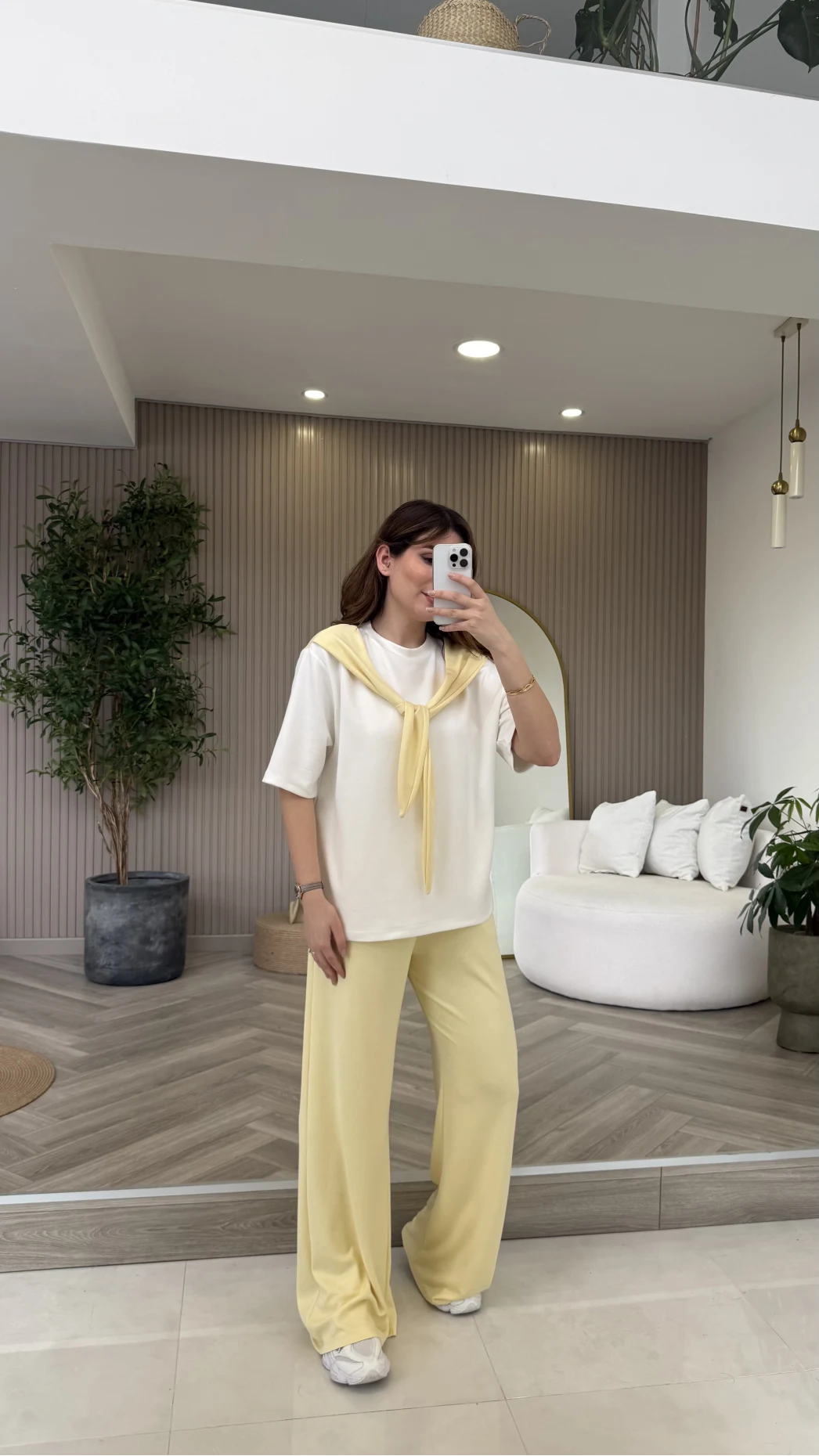 Fular Detaylı Modal T-shirt Eşofman Takım - Sarı - Kod: 4116