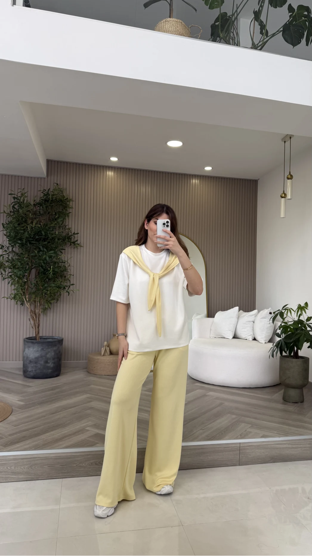 Fular Detaylı Modal T-shirt Eşofman Takım - Sarı - Kod: 4116