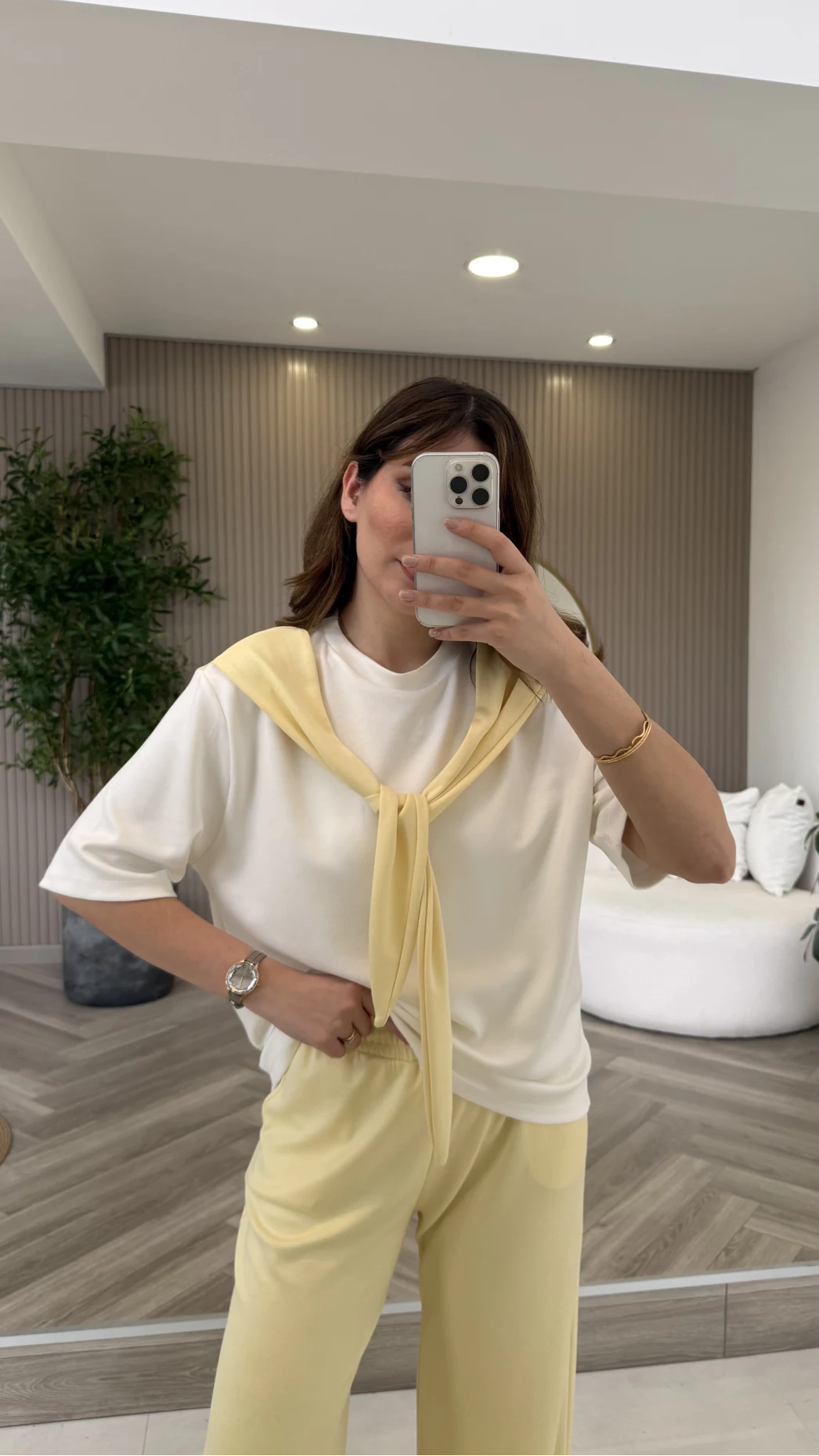 Fular Detaylı Modal T-shirt Eşofman Takım - Sarı - Kod: 4116