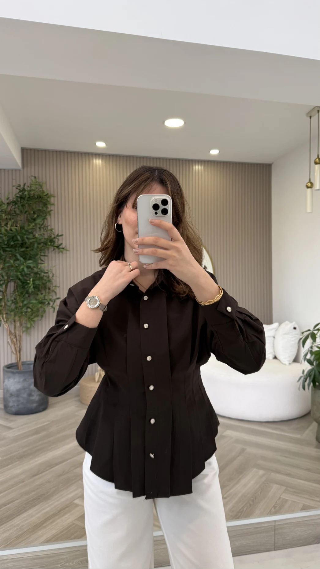 Taş Düğme Detaylı Beli Pileli Gömlek - Acı Kahve - Kod: 2247