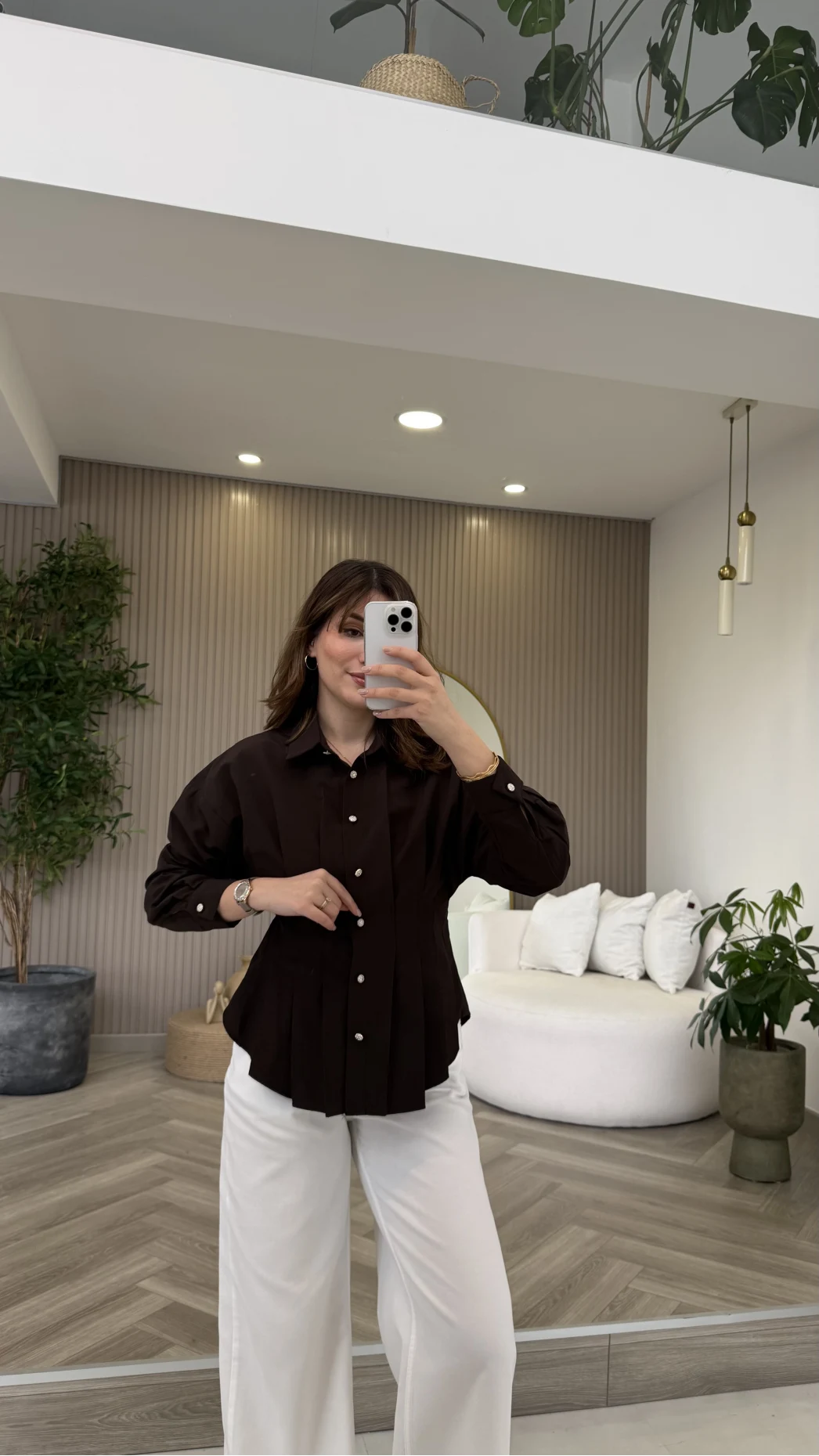 Taş Düğme Detaylı Beli Pileli Gömlek - Acı Kahve - Kod: 2247