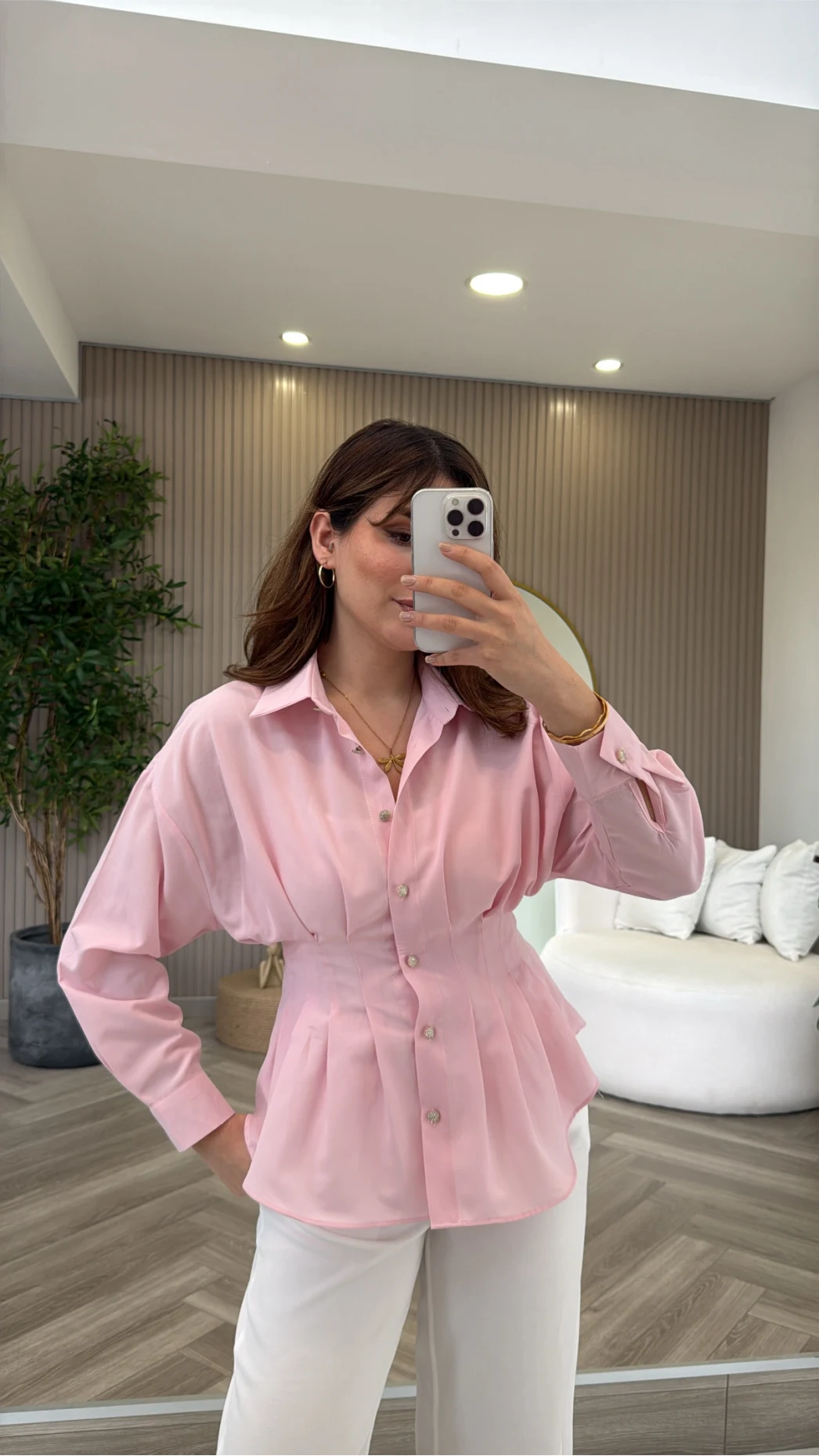 Taş Düğme Detaylı Beli Pileli Gömlek - Pembe - Kod: 2247