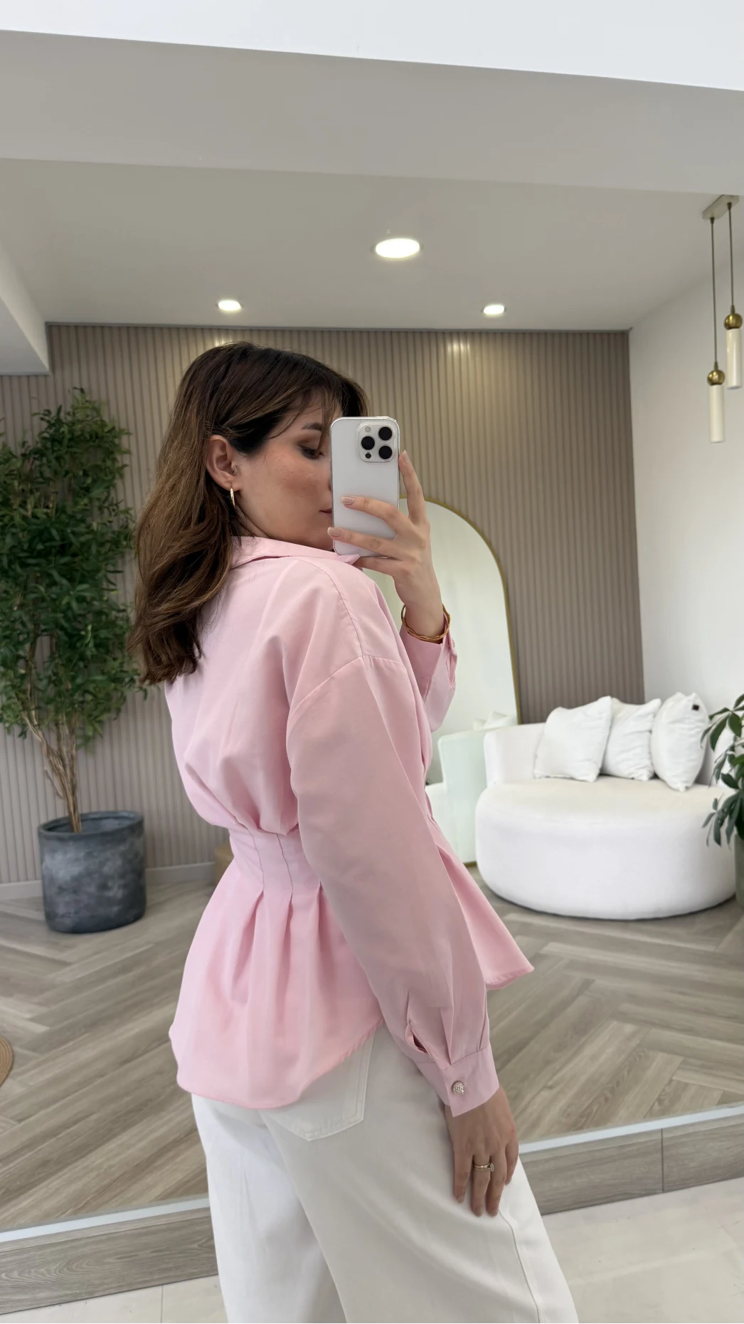 Taş Düğme Detaylı Beli Pileli Gömlek - Pembe - Kod: 2247