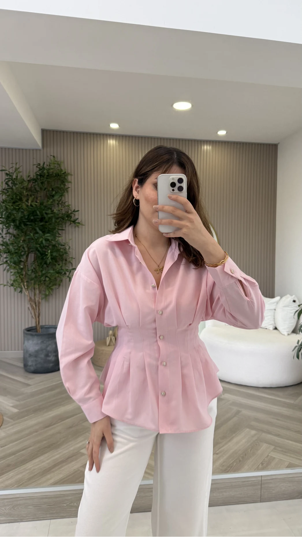 Taş Düğme Detaylı Beli Pileli Gömlek - Pembe - Kod: 2247