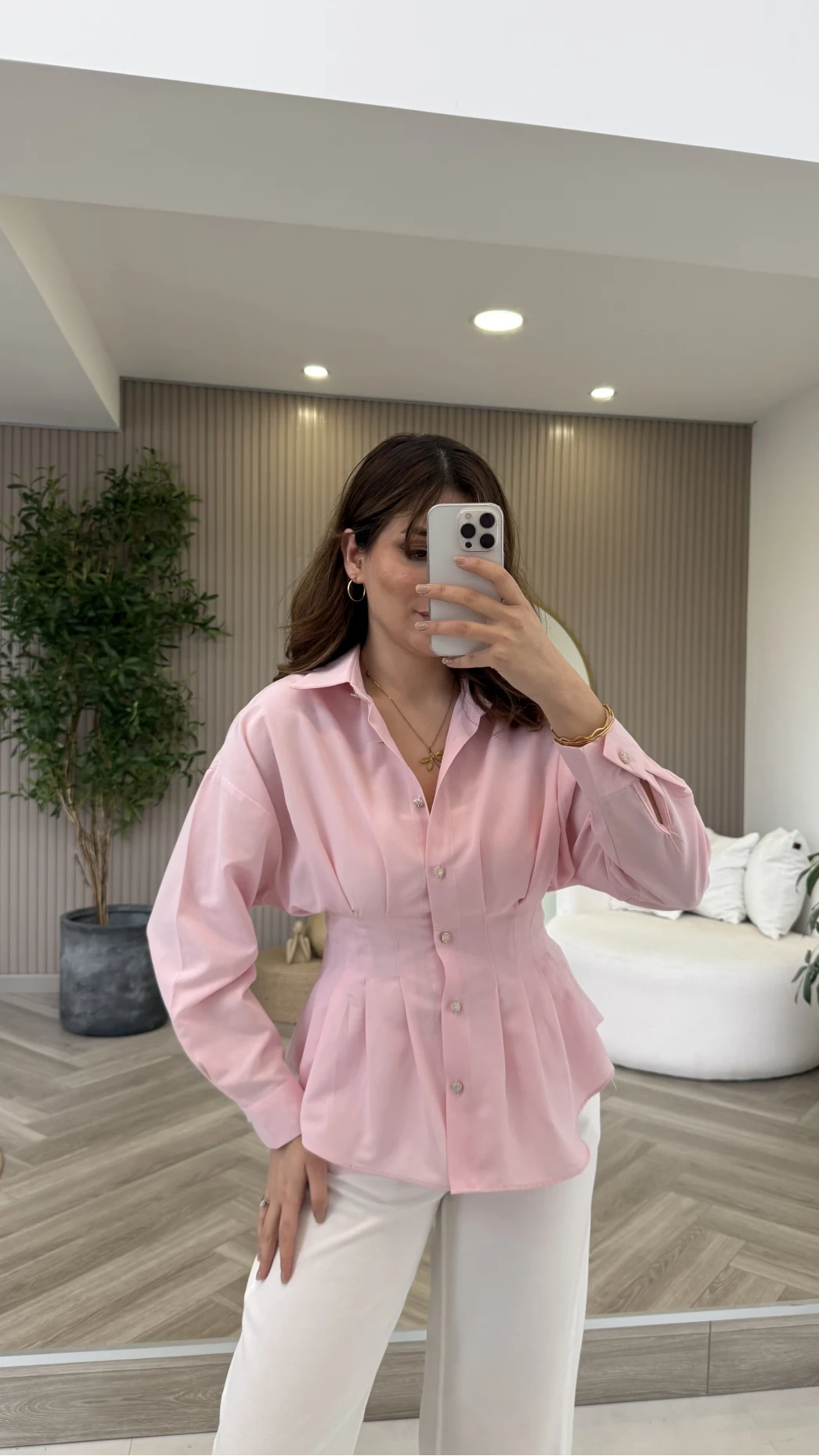 Taş Düğme Detaylı Beli Pileli Gömlek - Pembe - Kod: 2247