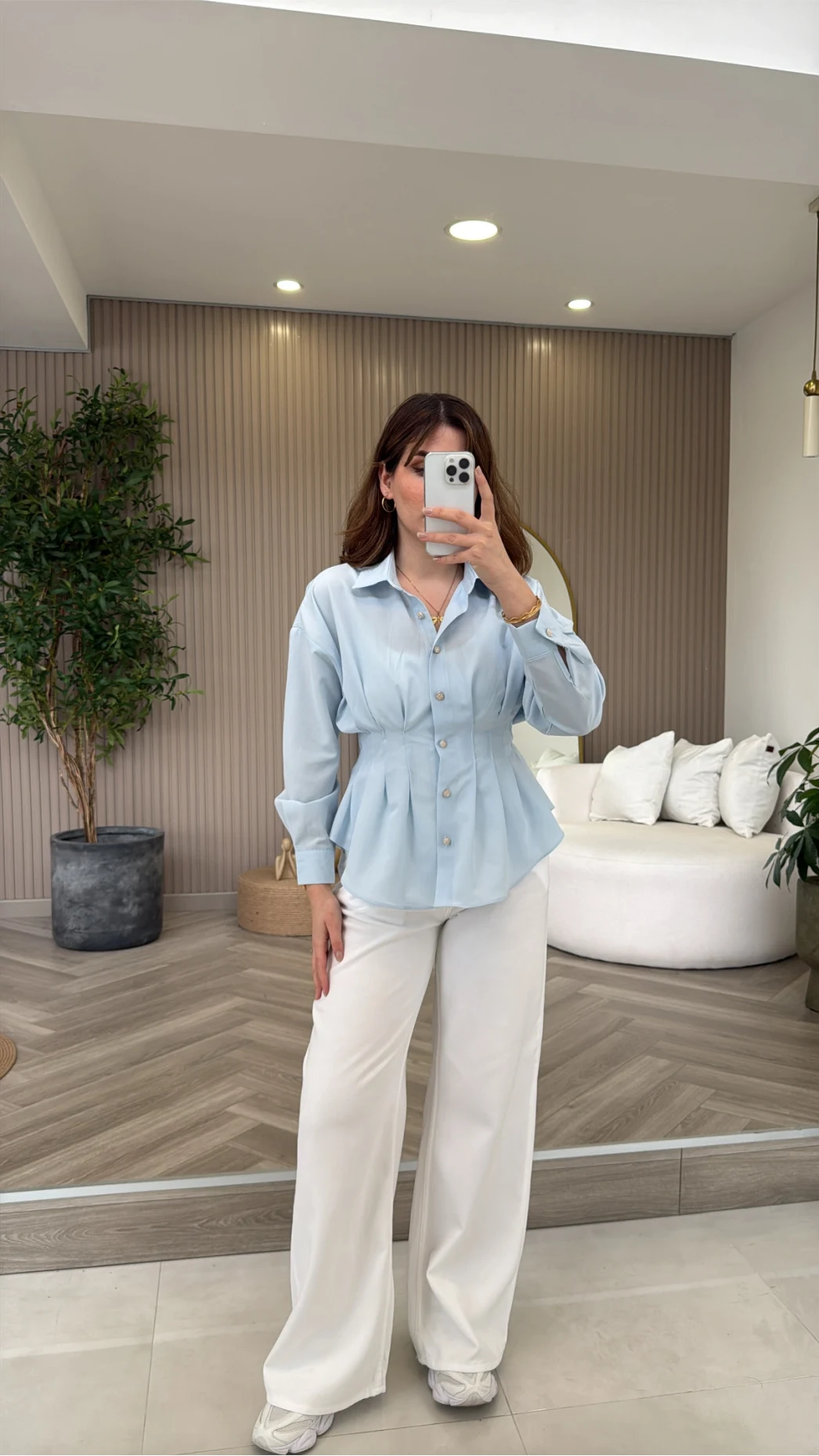 Taş Düğme Detaylı Beli Pileli Gömlek - Mavi - Kod: 2247