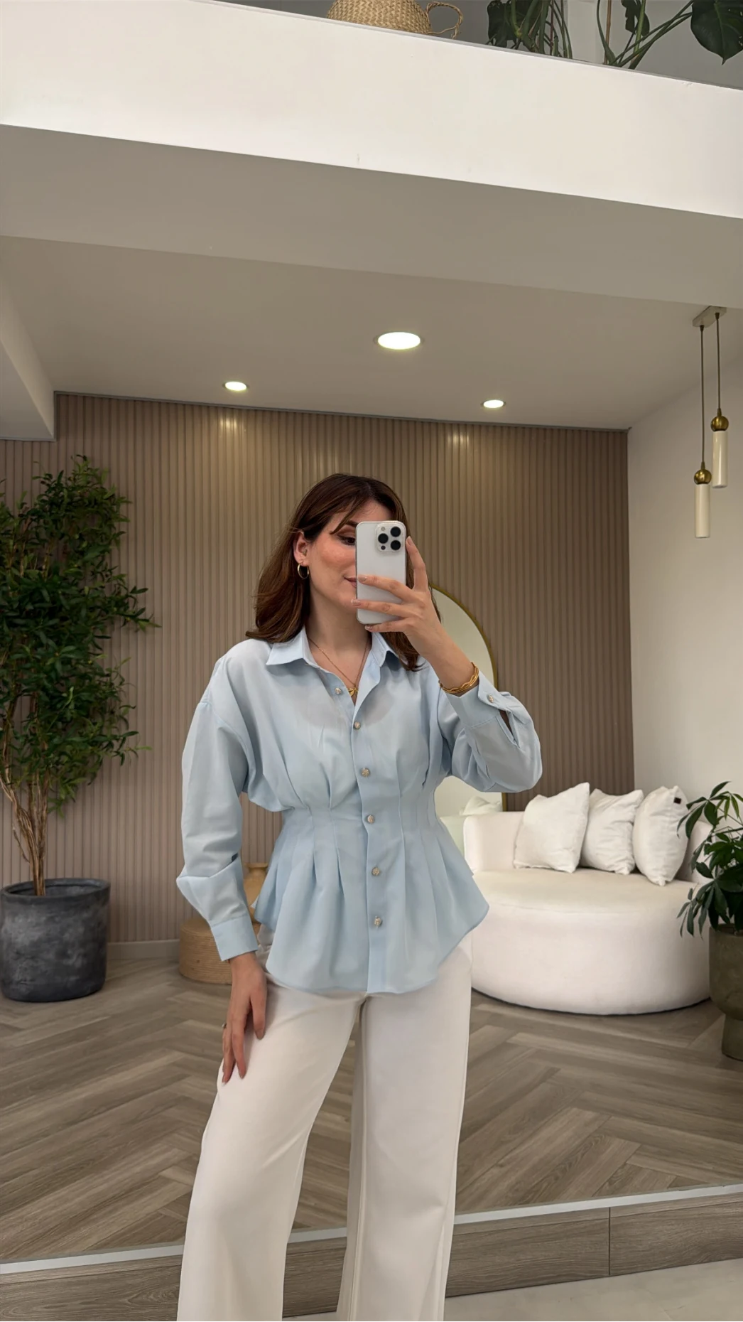 Taş Düğme Detaylı Beli Pileli Gömlek - Mavi - Kod: 2247