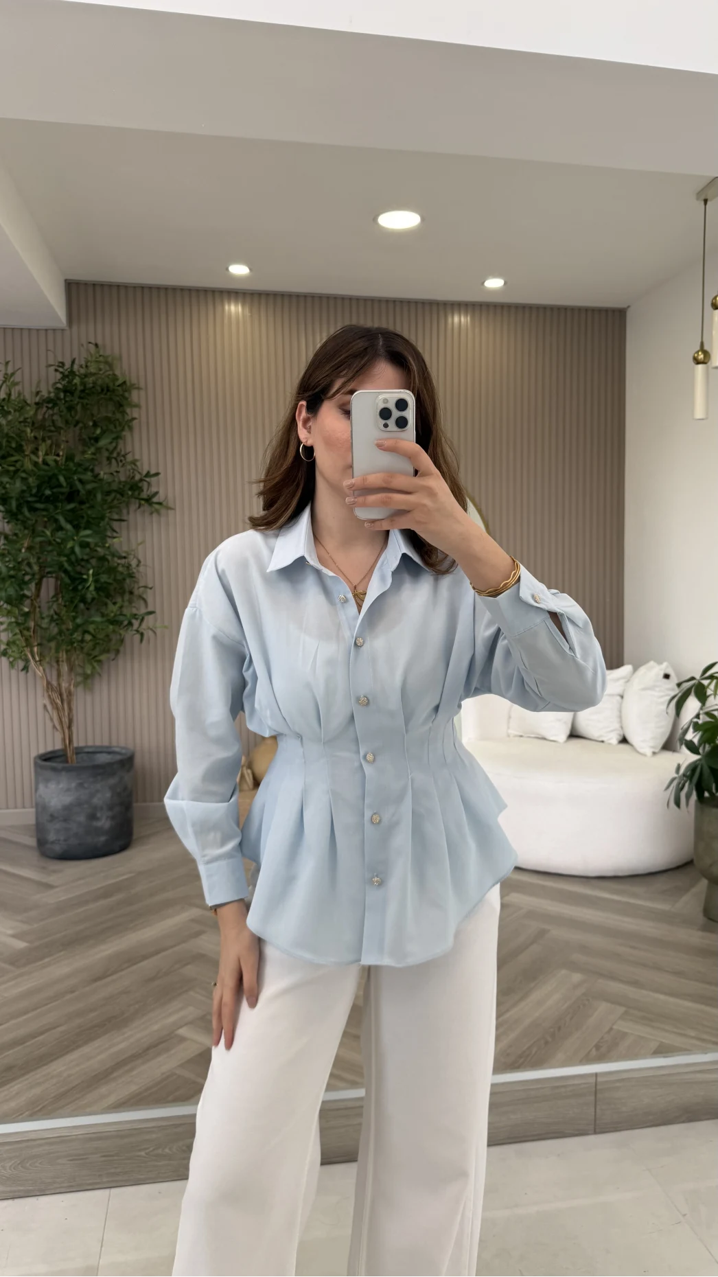 Taş Düğme Detaylı Beli Pileli Gömlek - Mavi - Kod: 2247