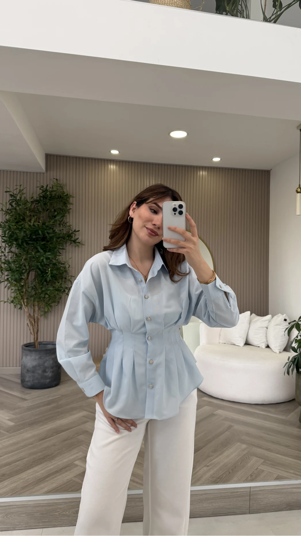 Taş Düğme Detaylı Beli Pileli Gömlek - Mavi - Kod: 2247