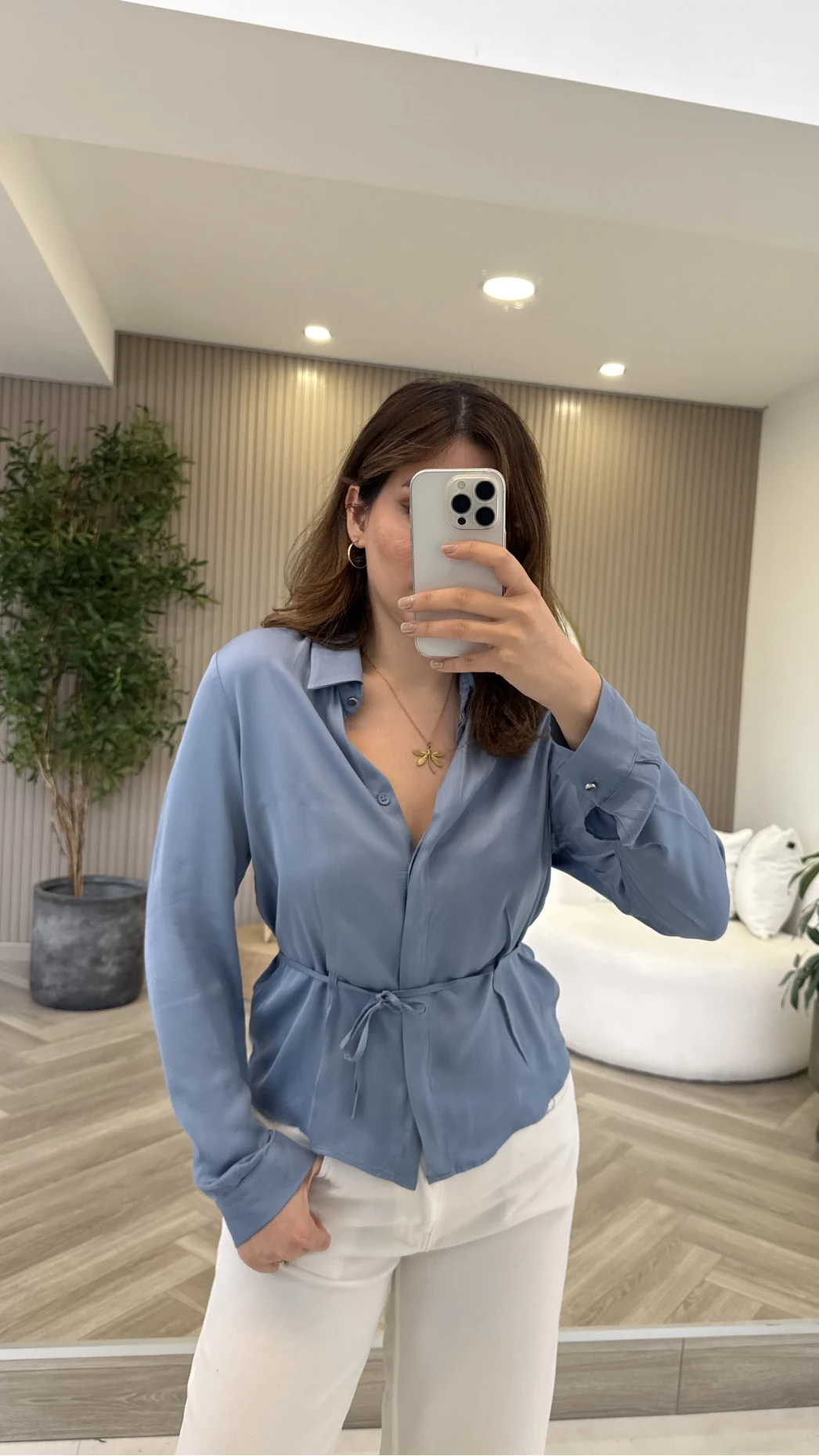 Bağcıklı Dökümlü Gömlek - Mavi - Kod: 124