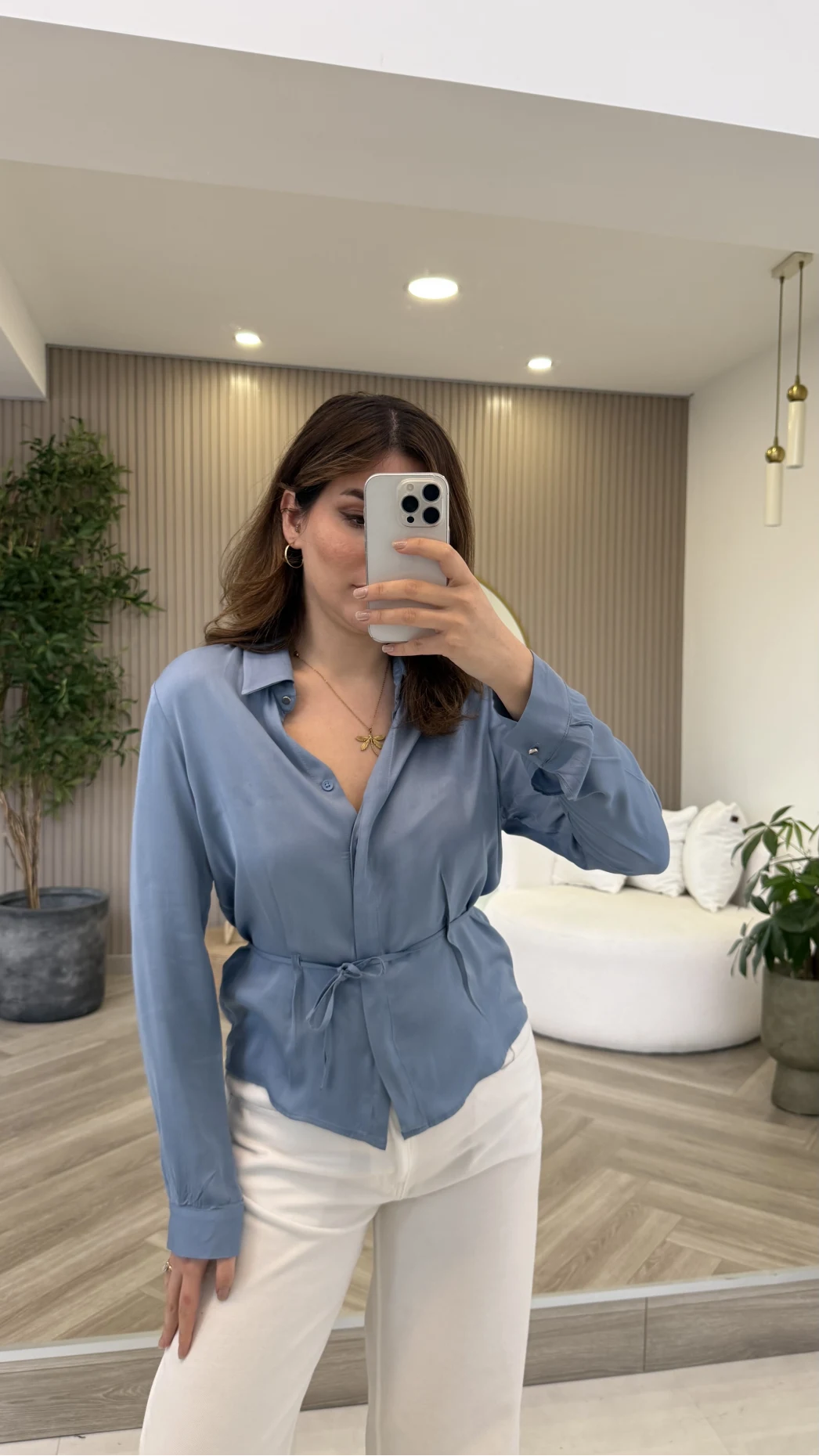 Bağcıklı Dökümlü Gömlek - Mavi - Kod: 124