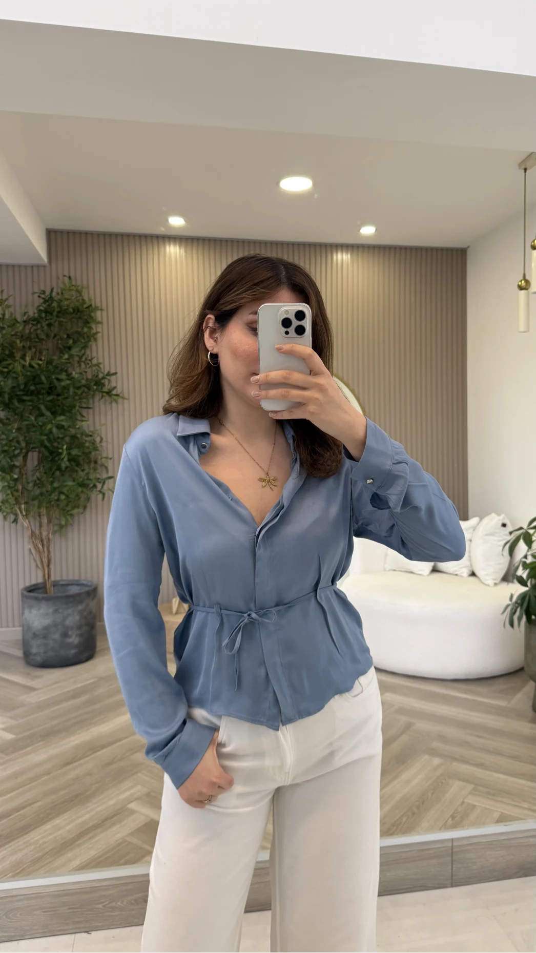 Bağcıklı Dökümlü Gömlek - Mavi - Kod: 124