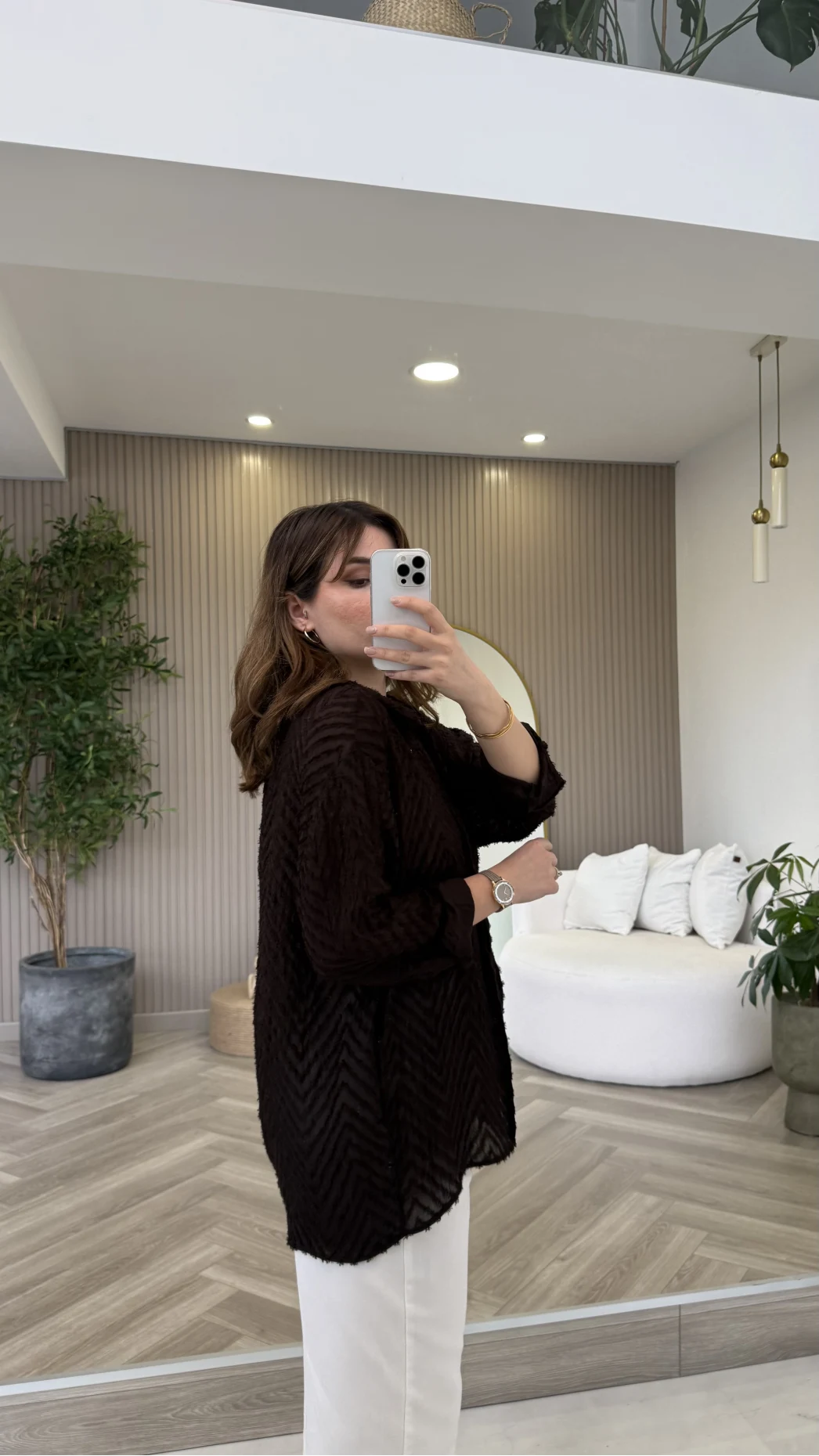 Geraldine Püsküllü İnce Uzun Gömlek - Kahverengi - Kod: 2252