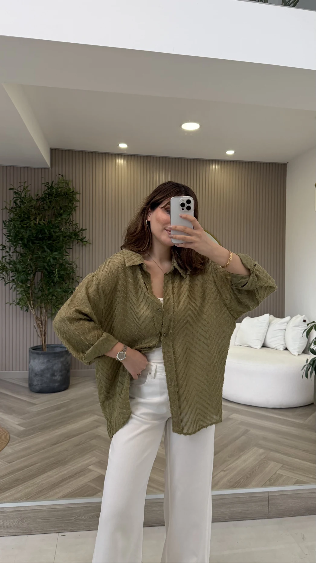 Geraldine Püsküllü İnce Uzun Gömlek - Haki - Kod: 2252