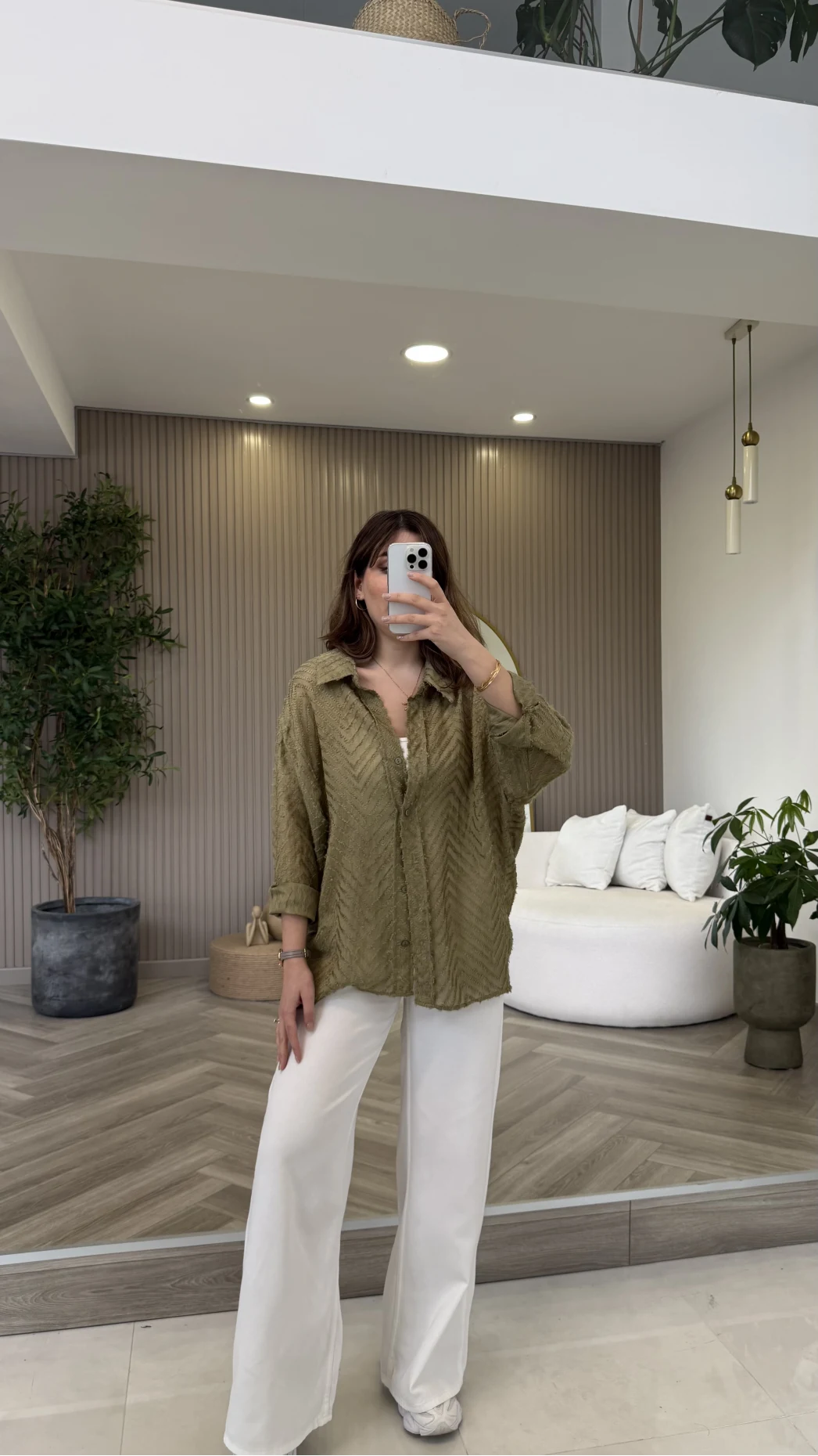 Geraldine Püsküllü İnce Uzun Gömlek - Haki - Kod: 2252