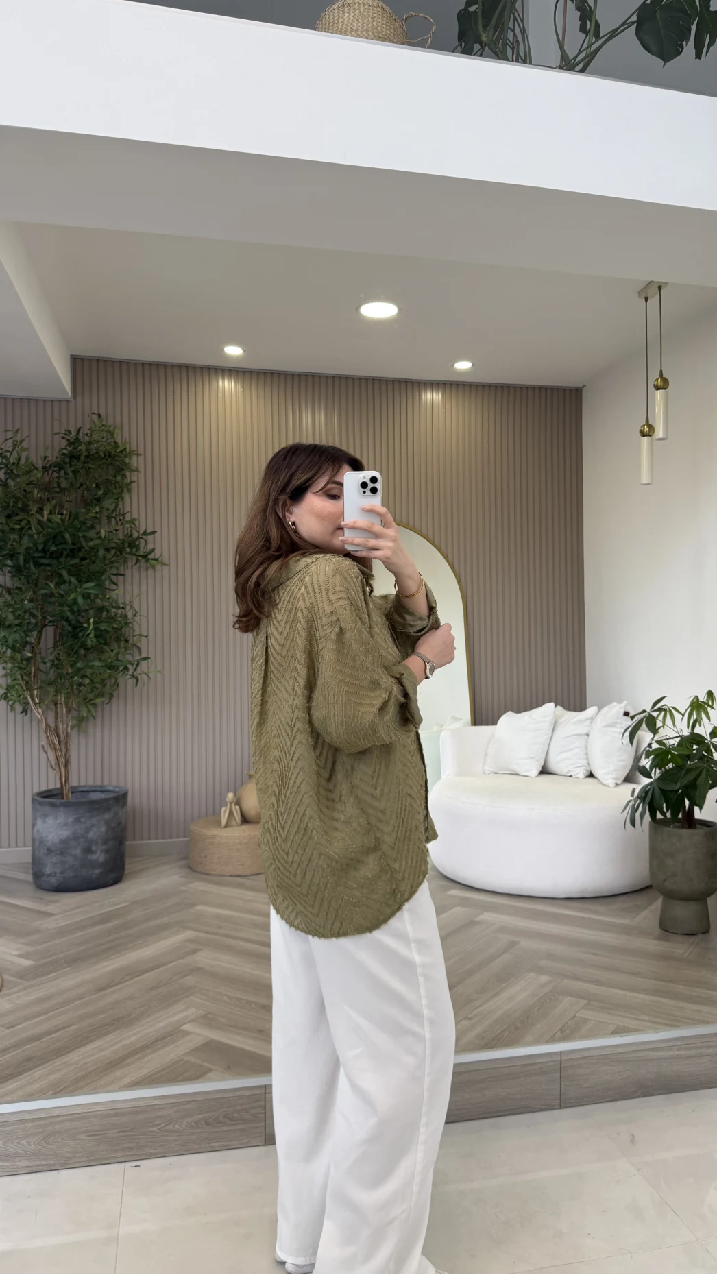 Geraldine Püsküllü İnce Uzun Gömlek - Haki - Kod: 2252