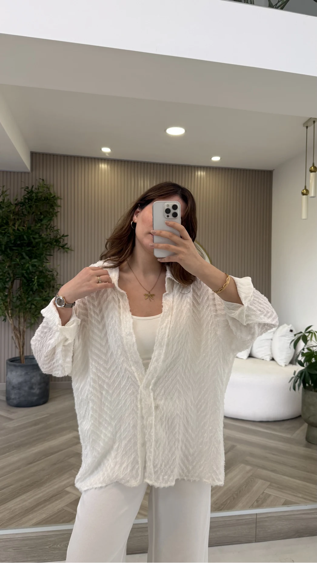 Geraldine Püsküllü İnce Uzun Gömlek - Beyaz - Kod: 2252