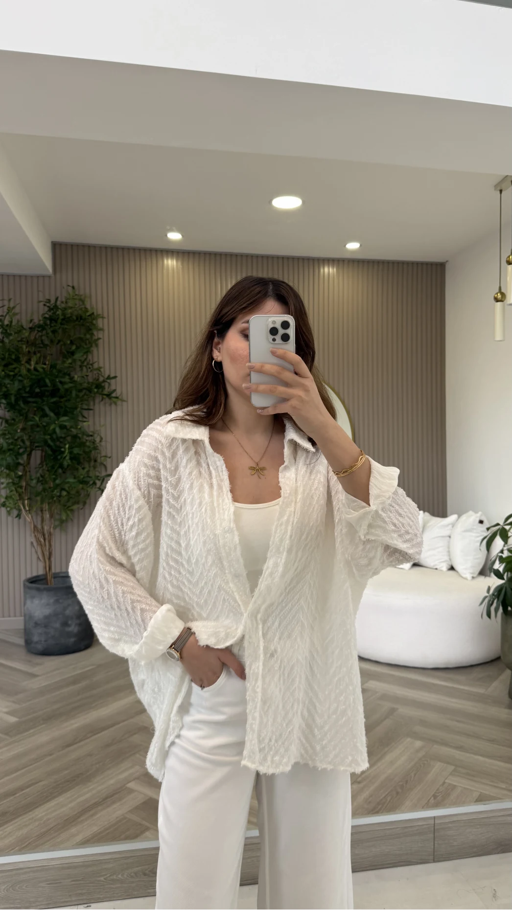 Geraldine Püsküllü İnce Uzun Gömlek - Beyaz - Kod: 2252