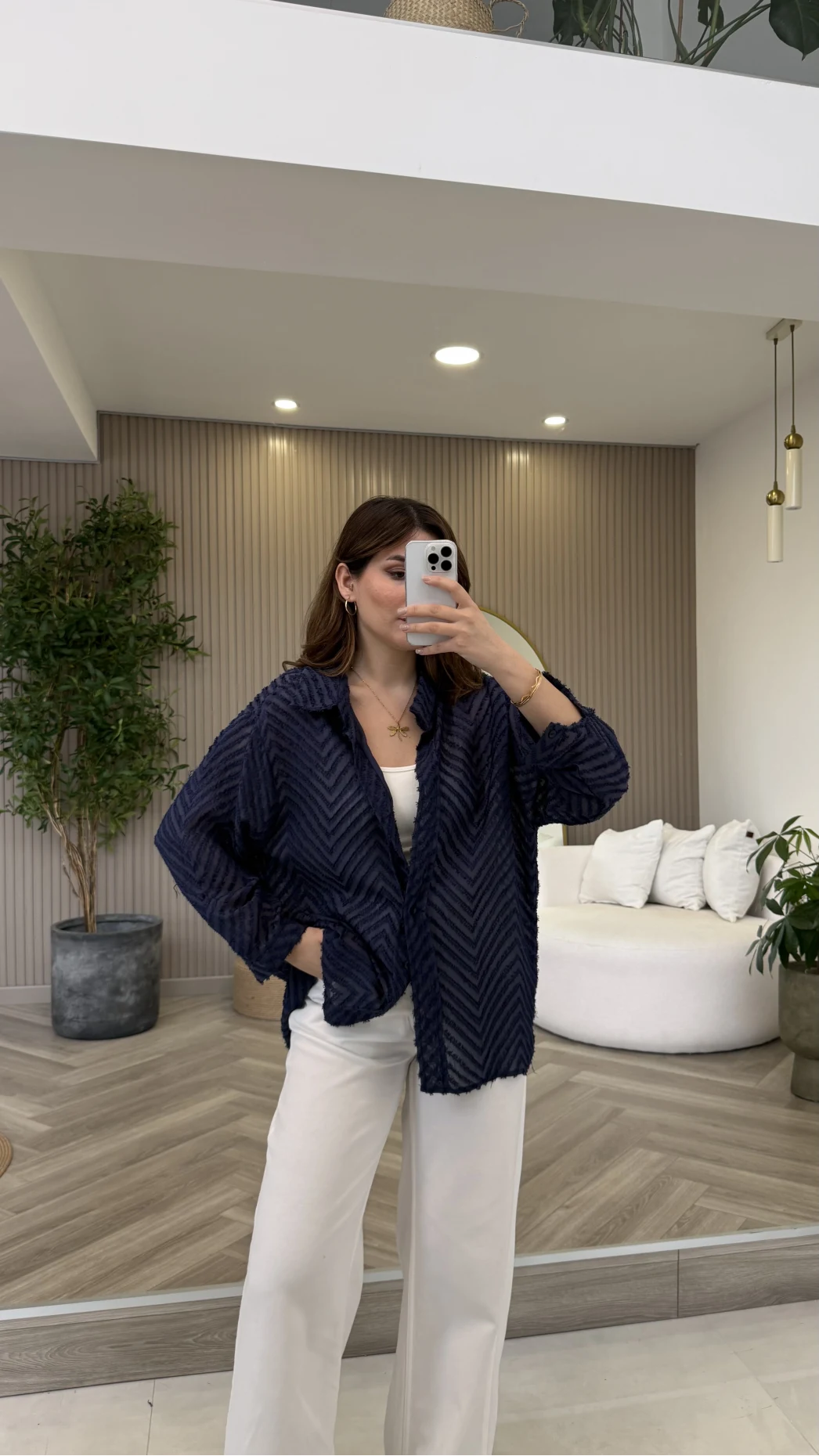 Geraldine Püsküllü İnce Uzun Gömlek - Lacivert - Kod: 2252