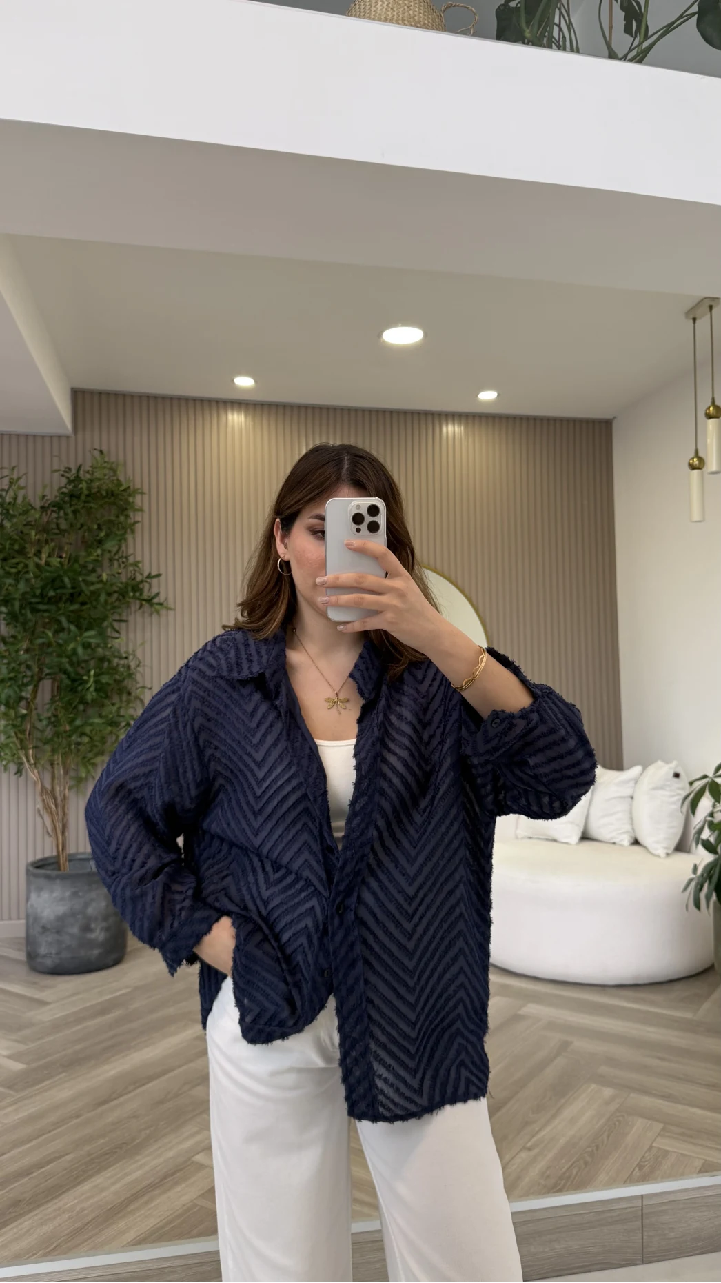 Geraldine Püsküllü İnce Uzun Gömlek - Lacivert - Kod: 2252