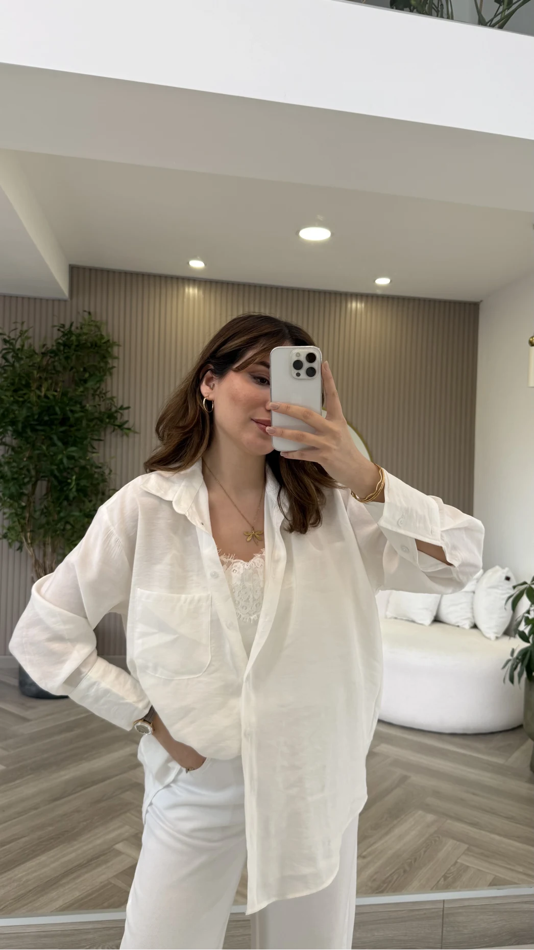 İçi Askılı Dantel Detaylı Gömlek - Ekru - Kod: 2209