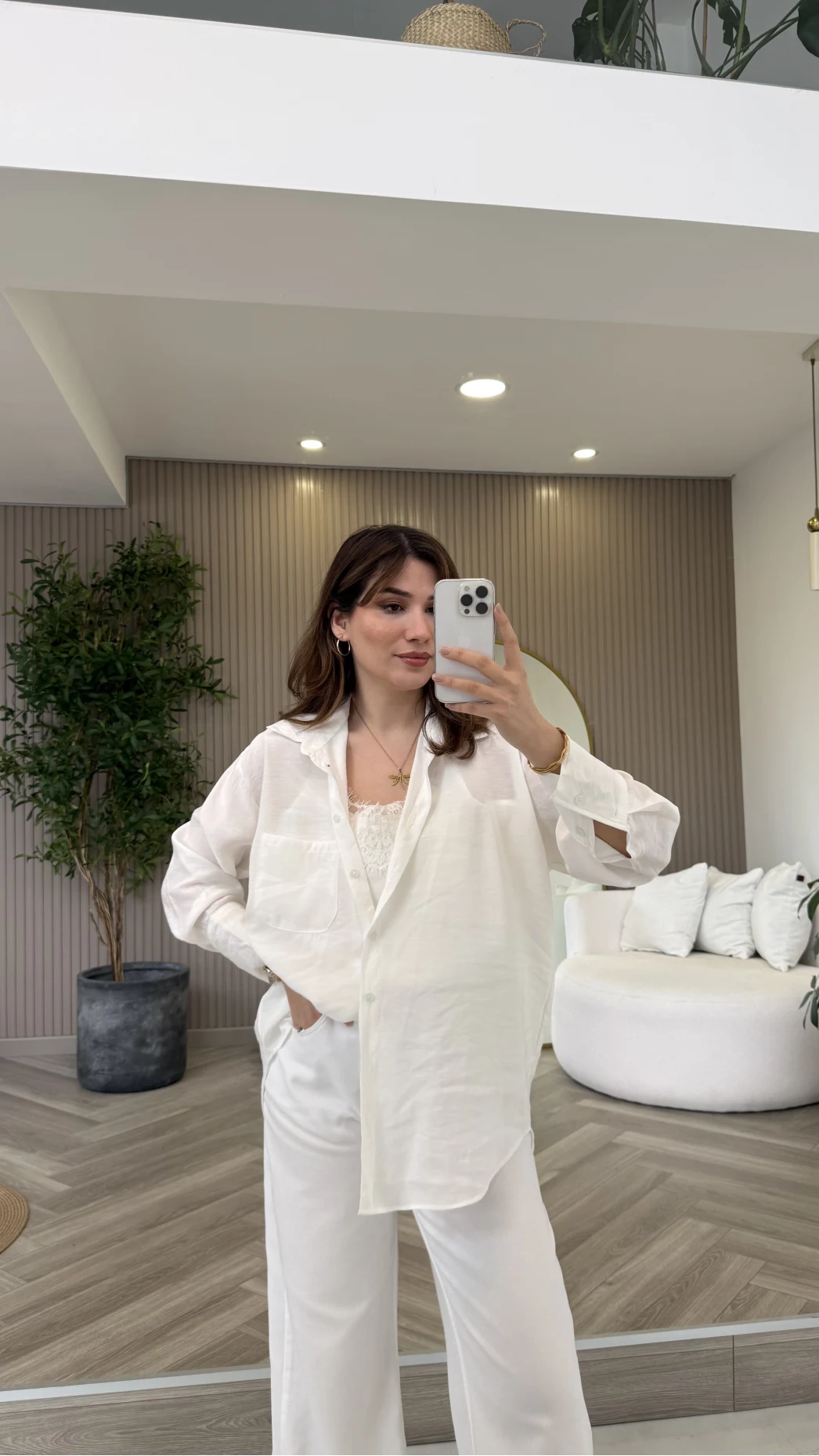 İçi Askılı Dantel Detaylı Gömlek - Ekru - Kod: 2209