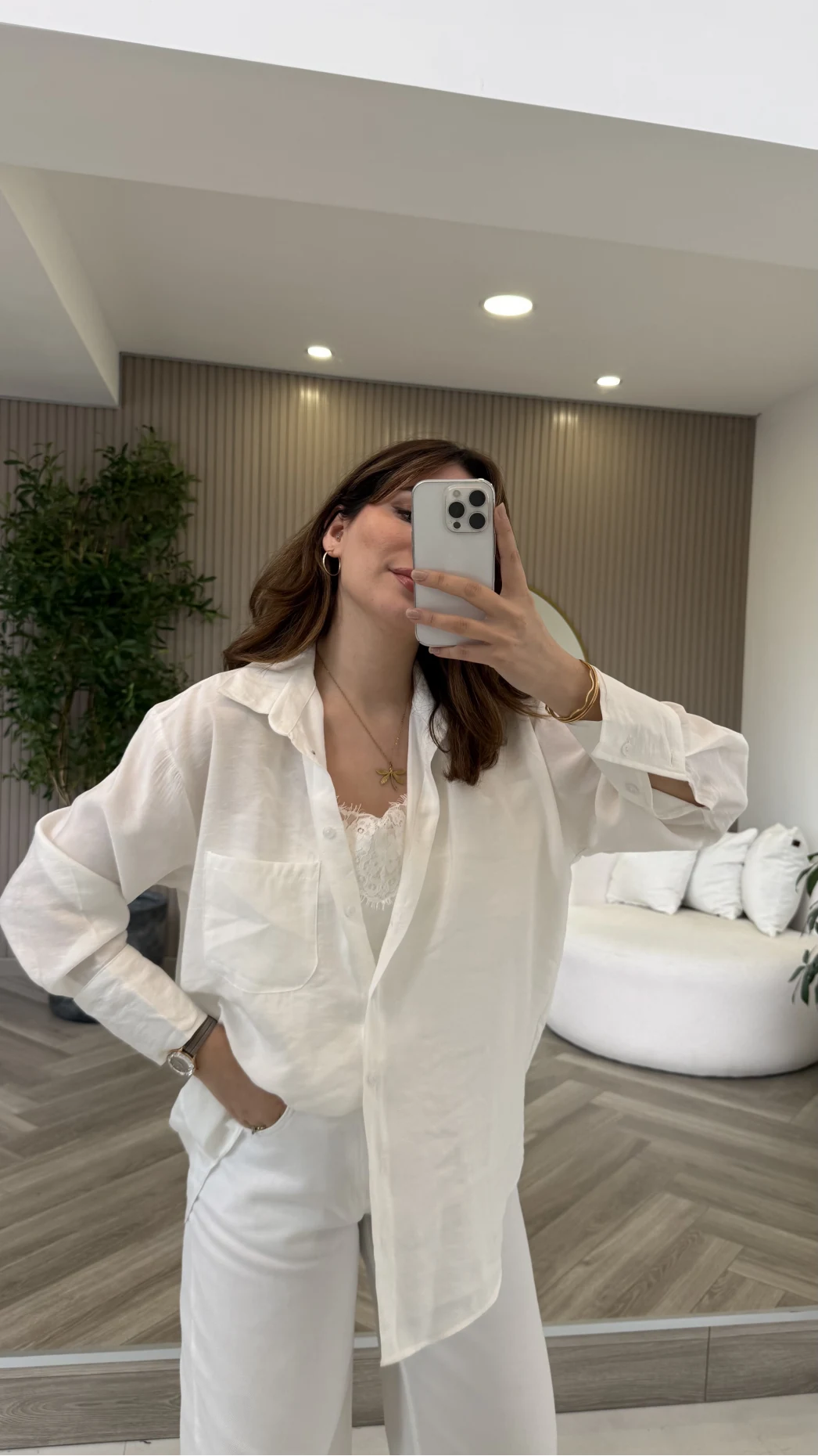 İçi Askılı Dantel Detaylı Gömlek - Ekru - Kod: 2209